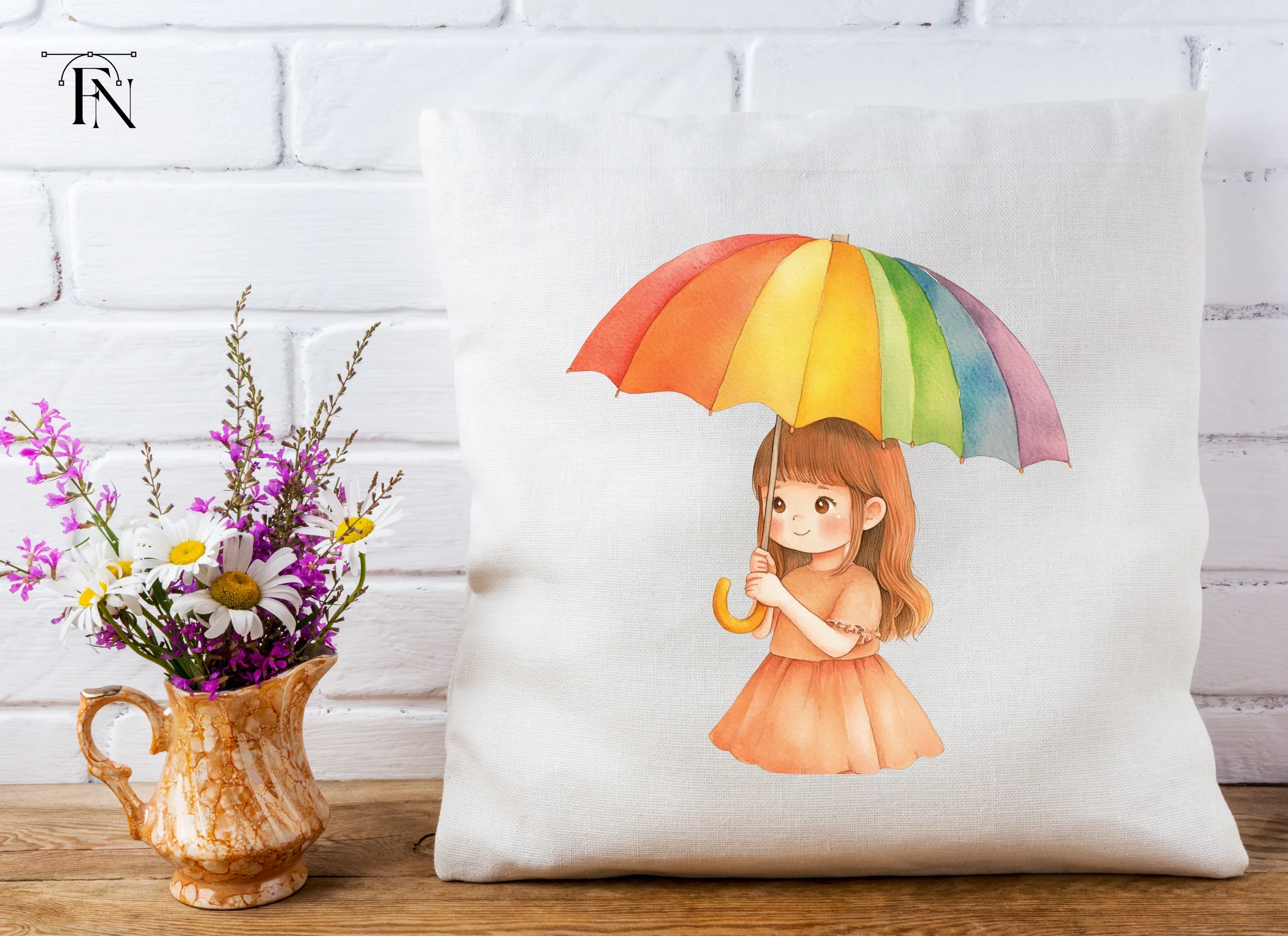 Cute Girl with Rainbow Umbrella Clipart Bundle - Image 5