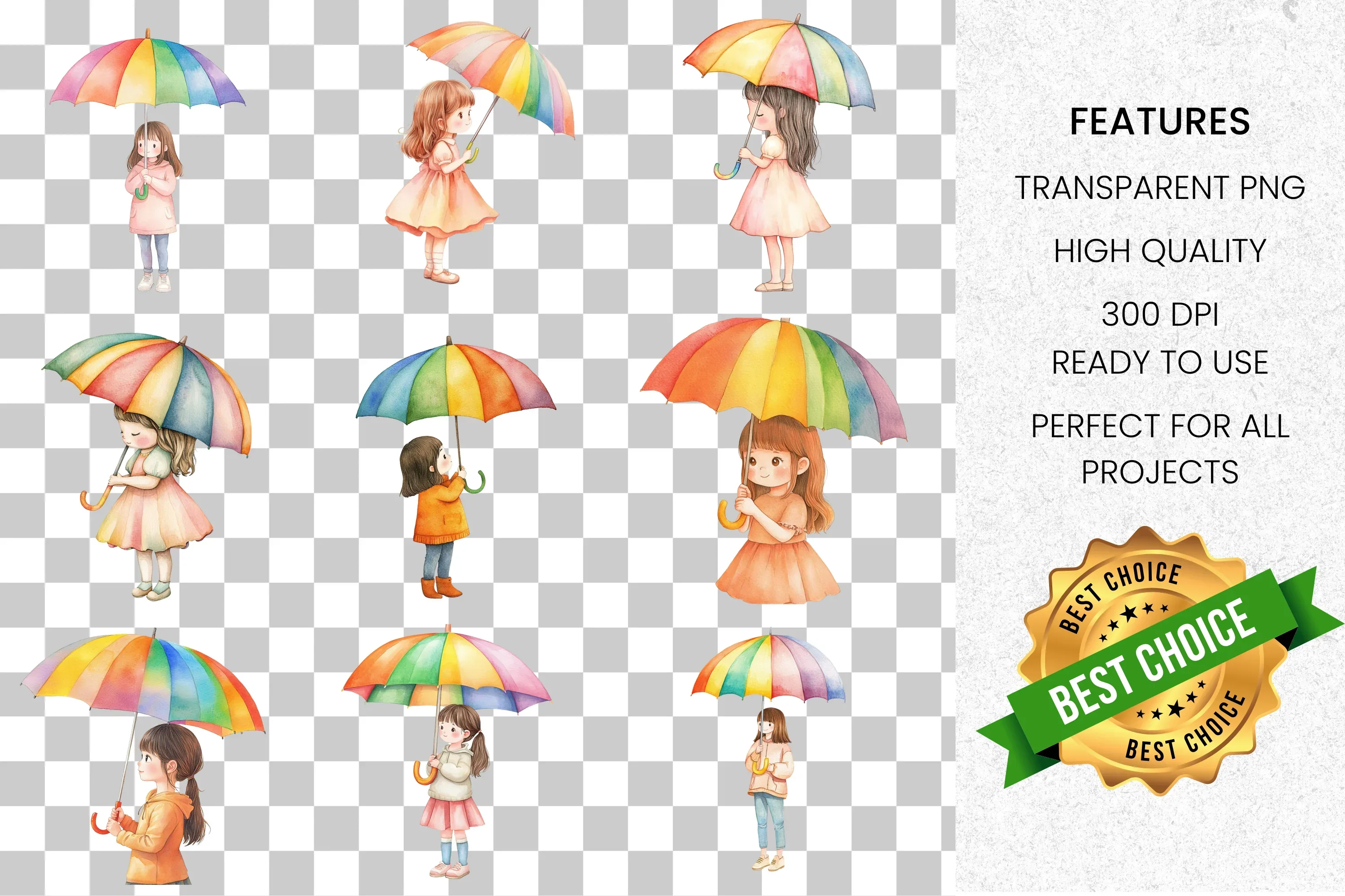 Cute Girls with Rainbow Umbrellas Clipart Bundle - Image 2