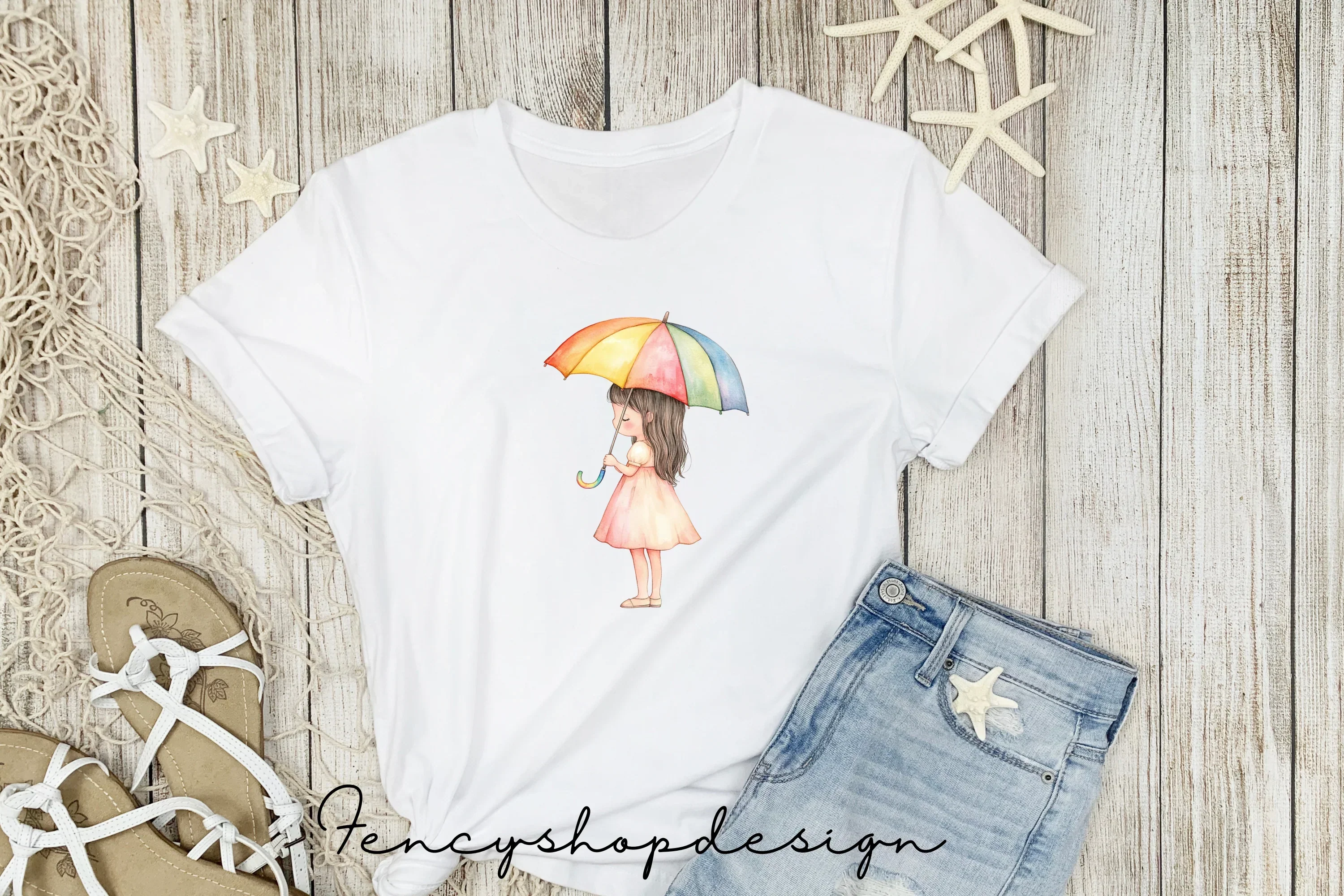 Cute Girls with Rainbow Umbrellas Clipart Bundle - Image 3