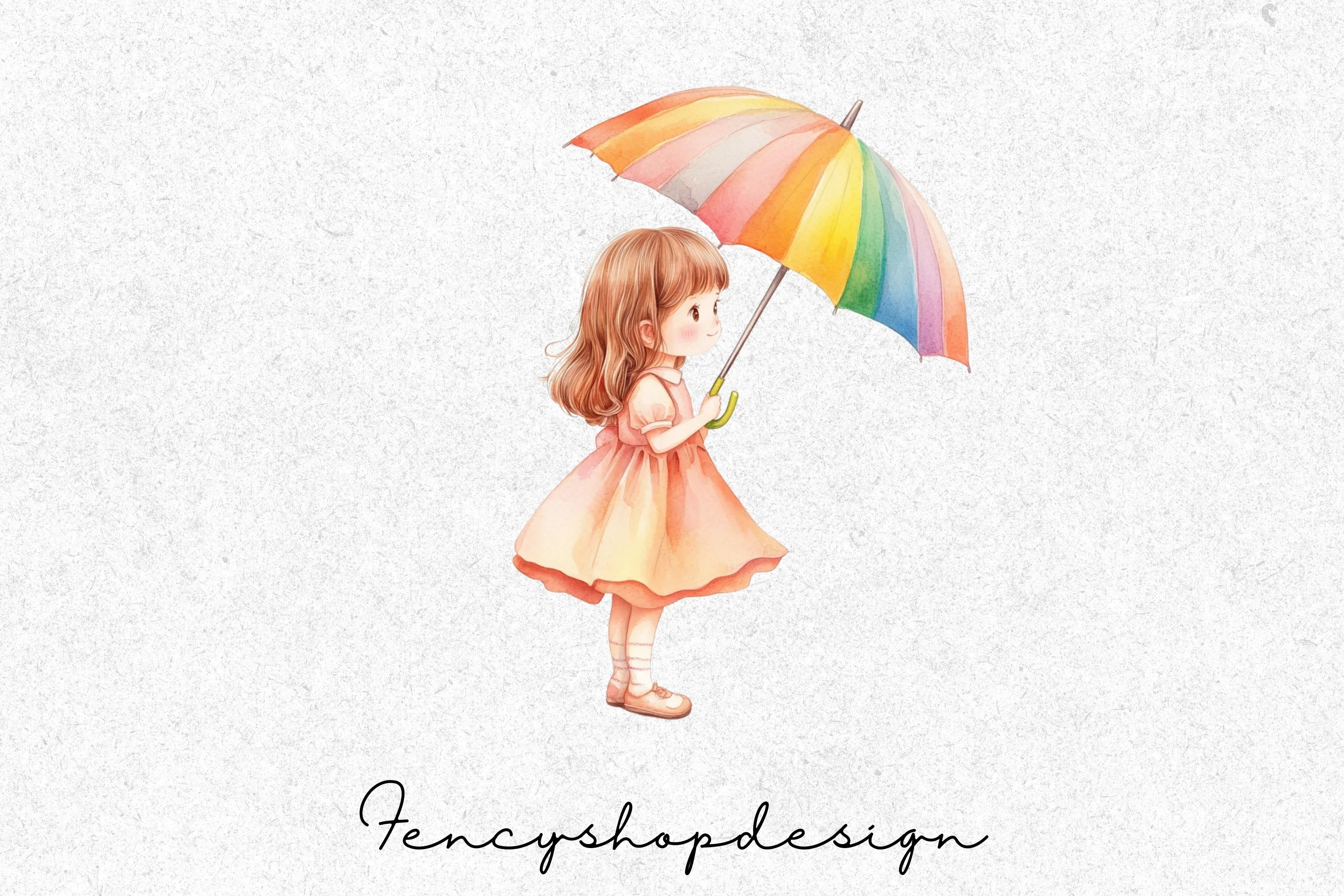 Cute Girls with Rainbow Umbrellas Clipart Bundle - Image 7