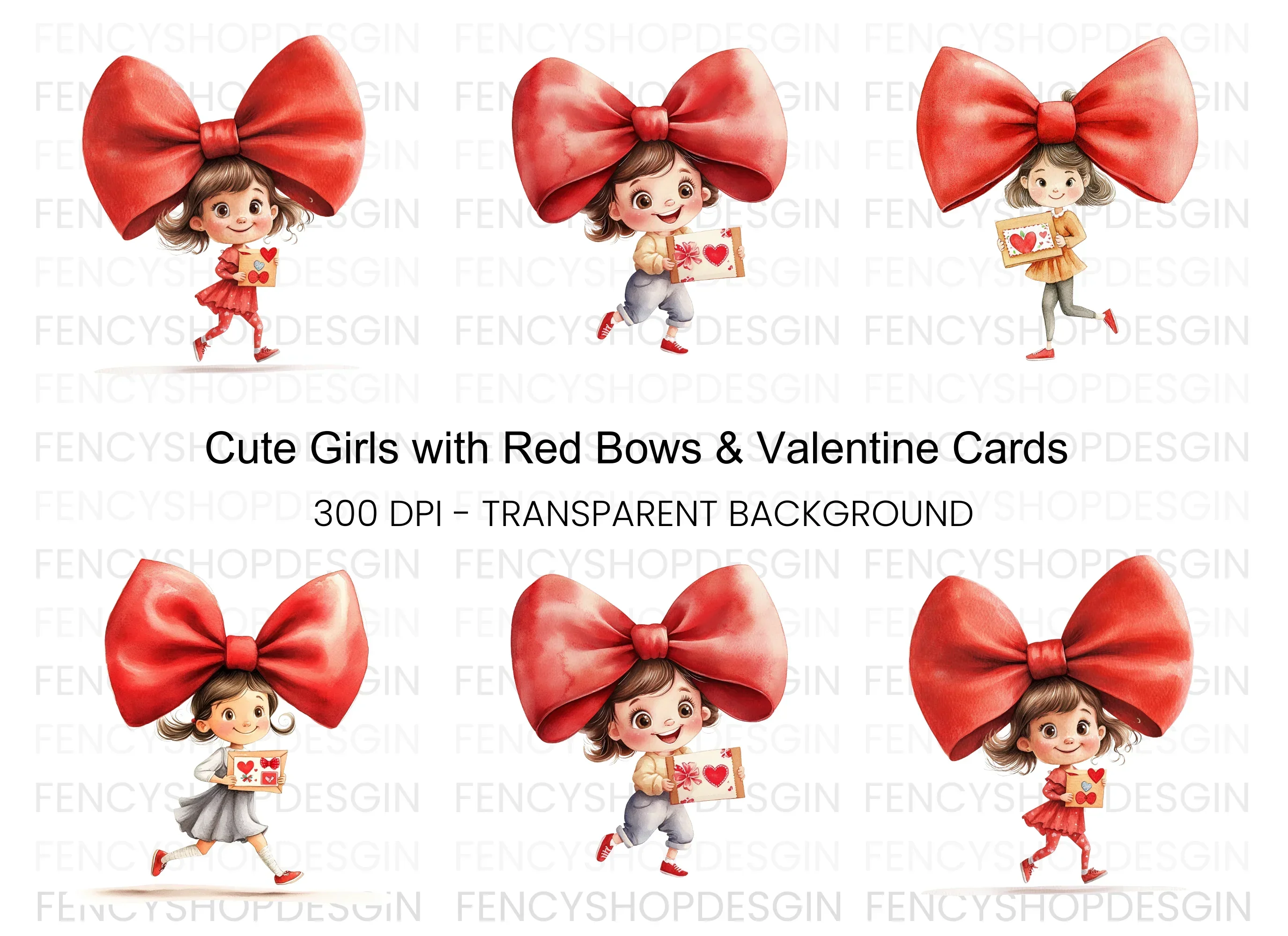 Cute Girls with Red Bows Clipart Bundle