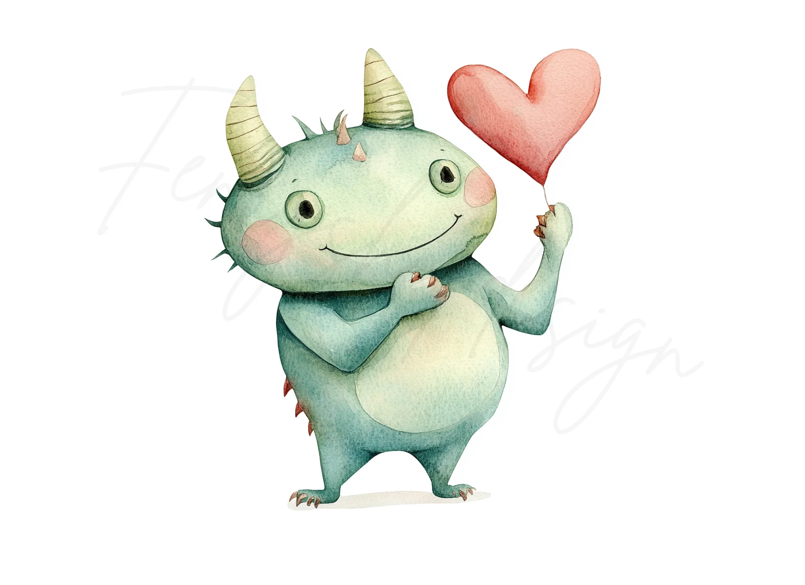 Cute Green Monster with Heart Clipart Bundle - Image 3