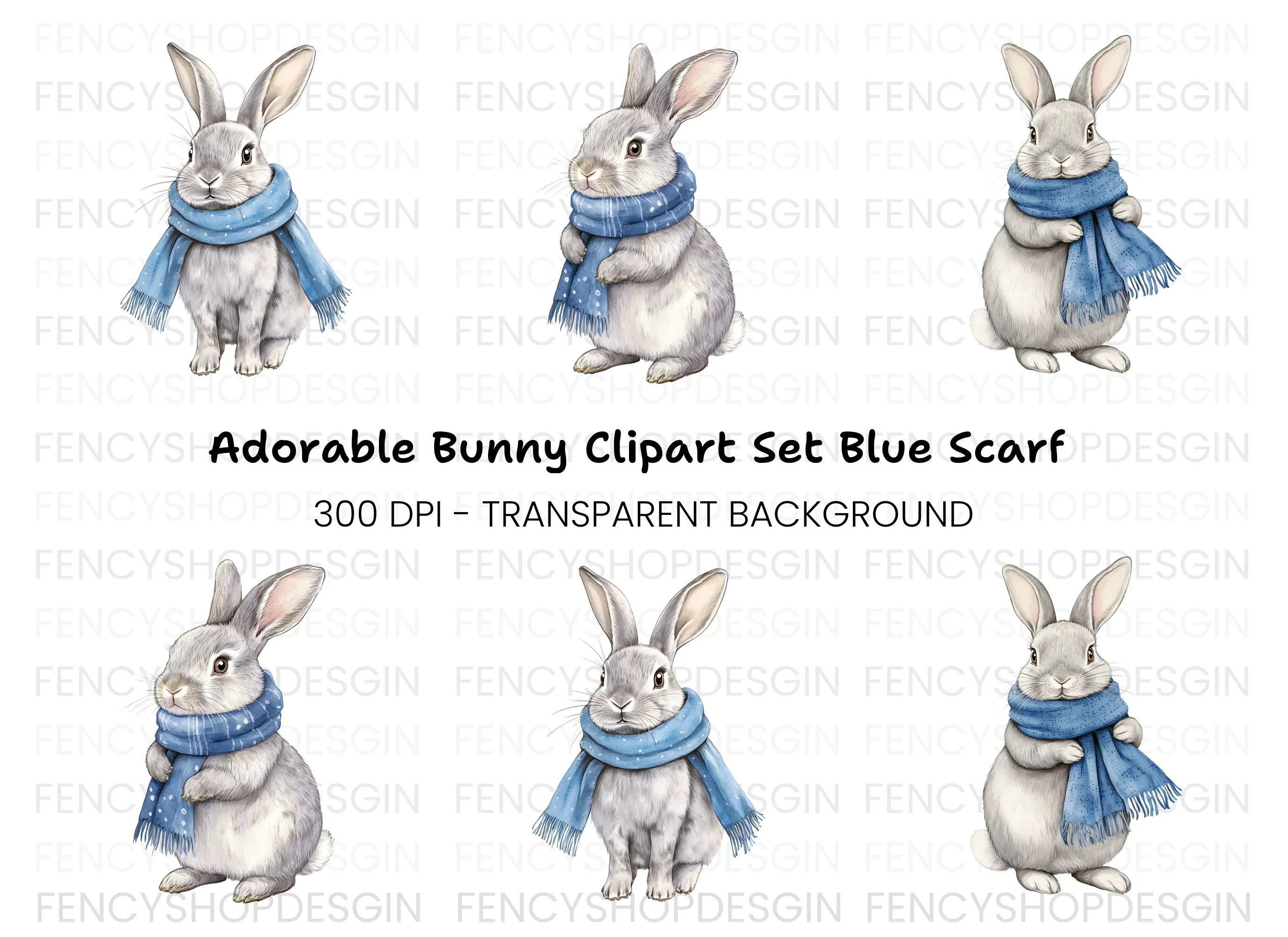 Cute Grey Bunnies with Blue Scarves Clipart Bundle