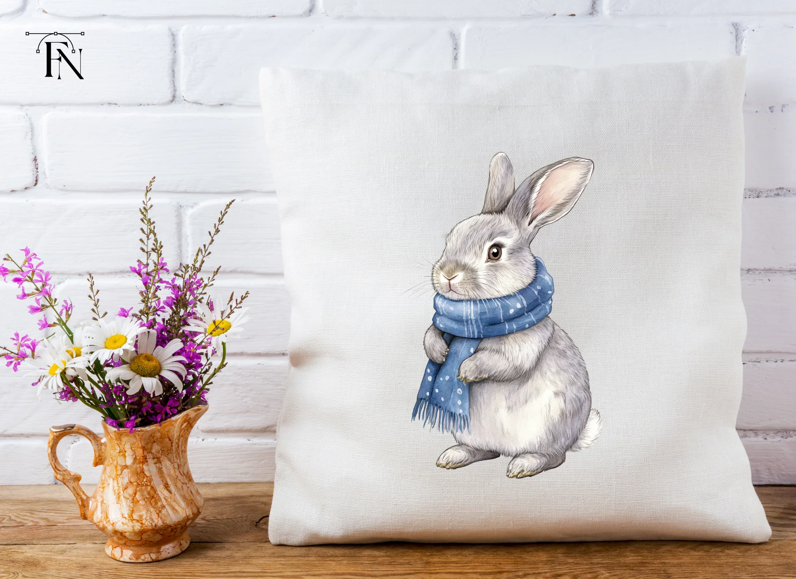 Cute Grey Bunnies with Blue Scarves Clipart Bundle - Image 5