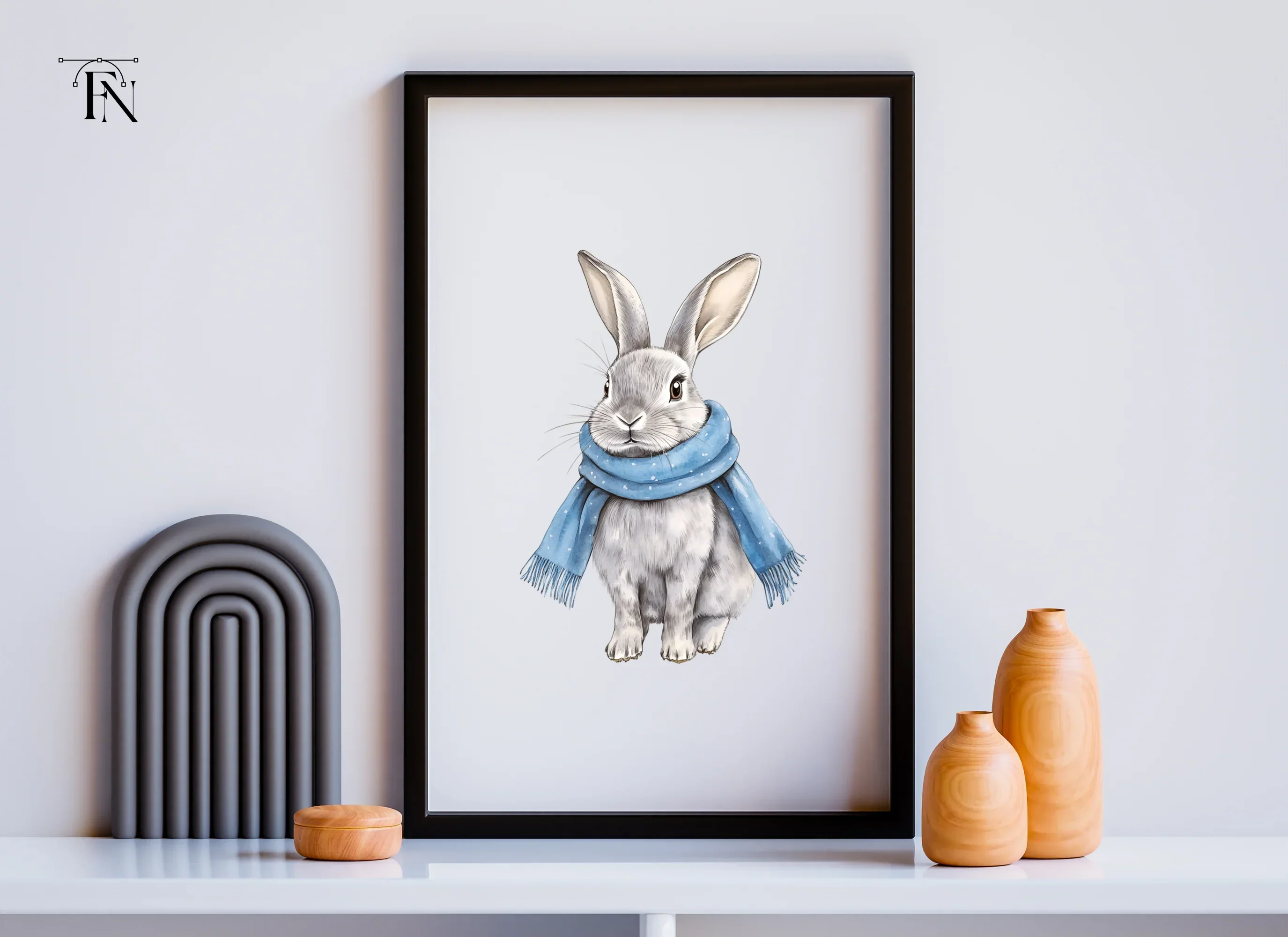 Cute Grey Bunnies with Blue Scarves Clipart Bundle - Image 6