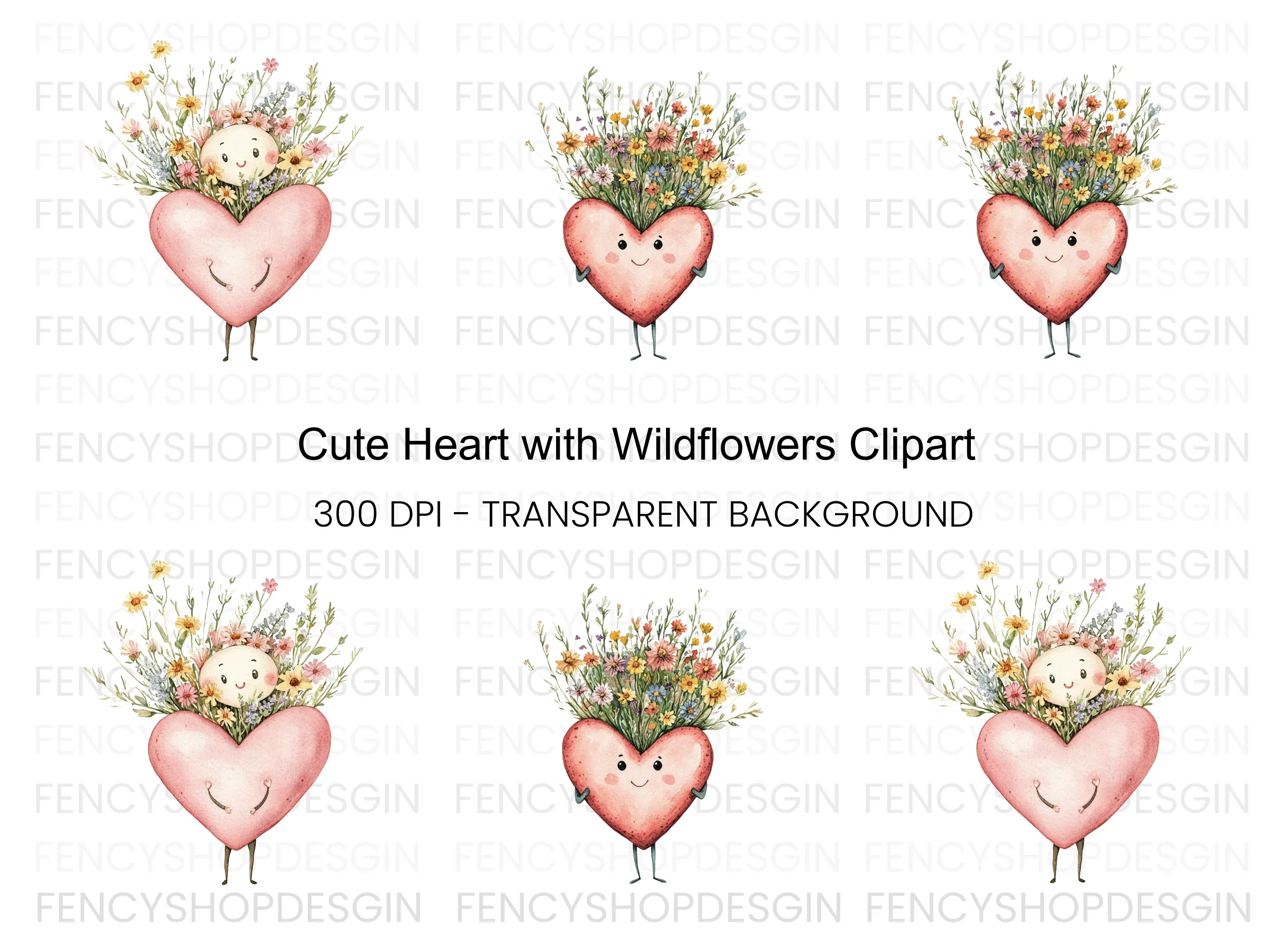 Cute Heart Flower Bouquet Clipart Bundle