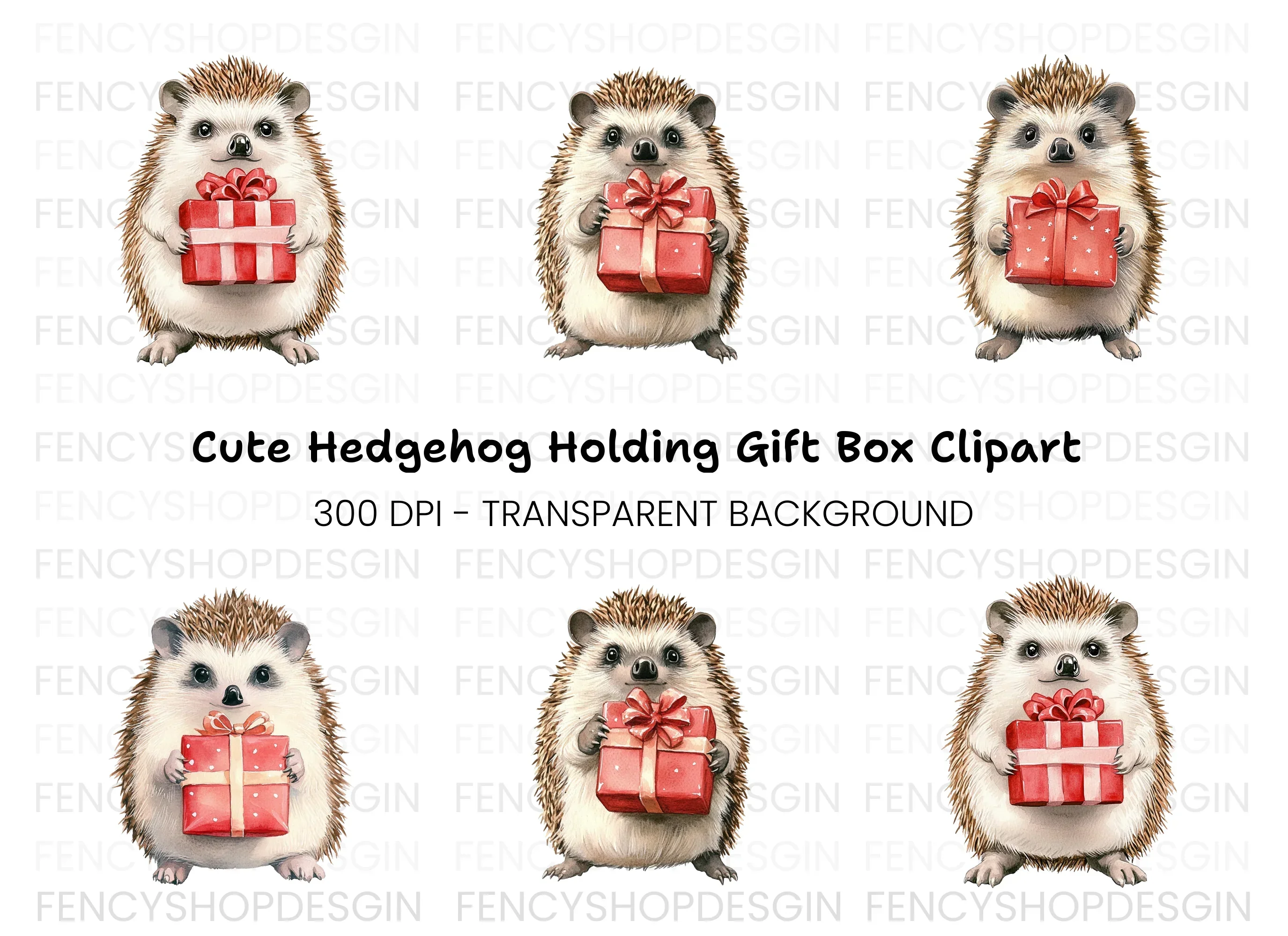 Cute Hedgehogs with Red Gift Boxes Clipart Bundle