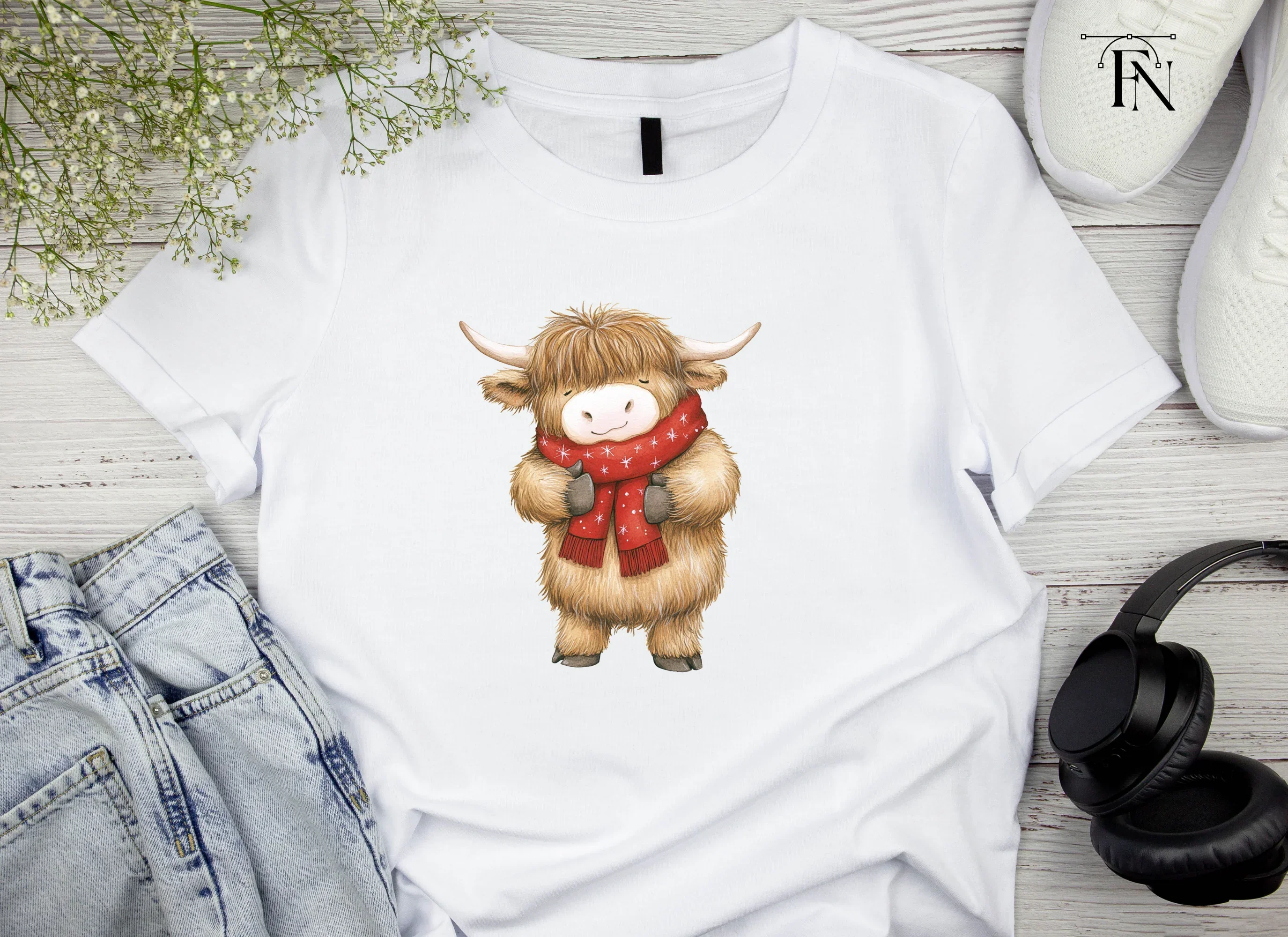 Cute Highland Cow with Scarf Clipart Bundle - Image 3