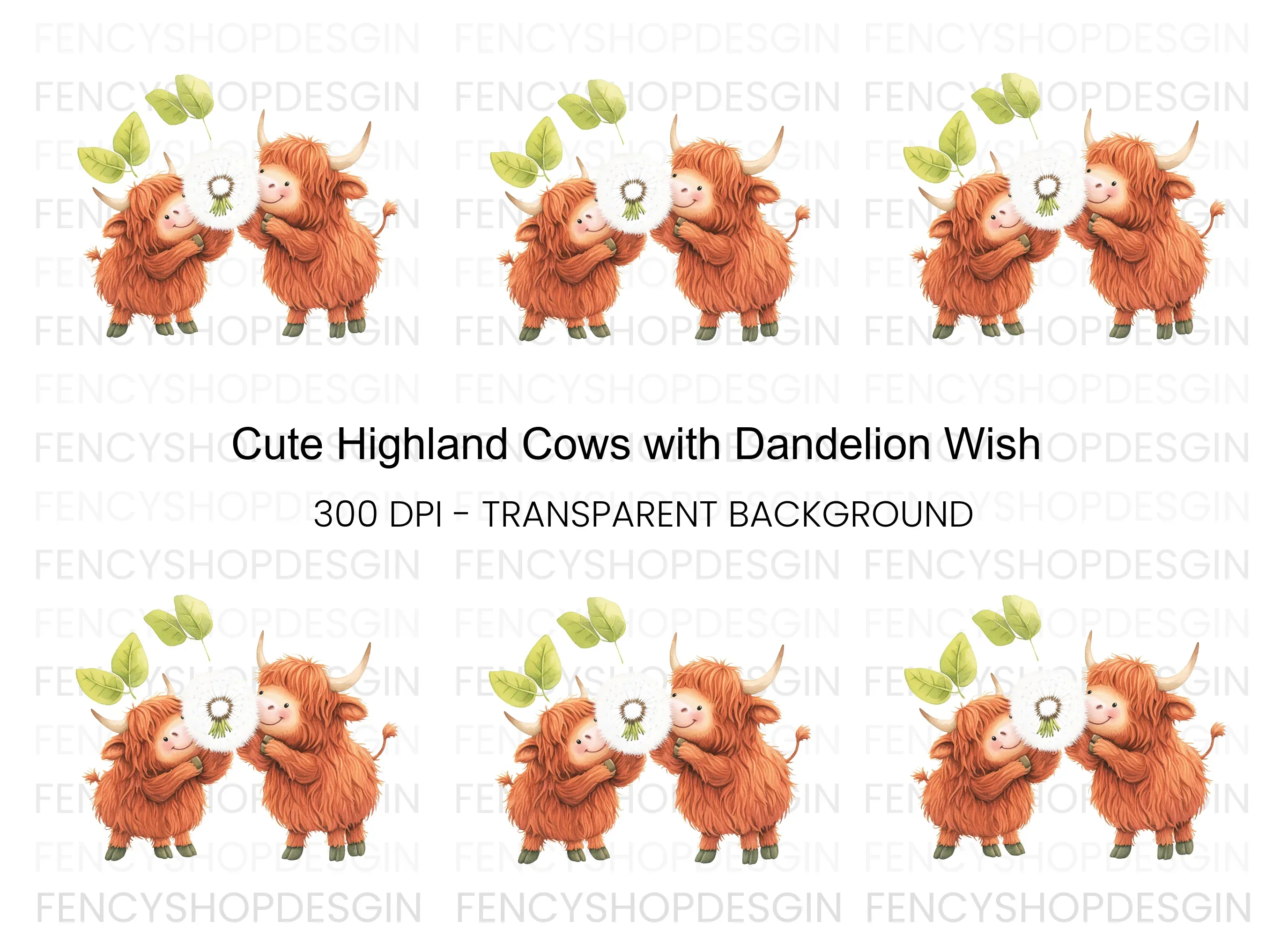 Cute Highland Cows with Dandelion Clipart Bundle