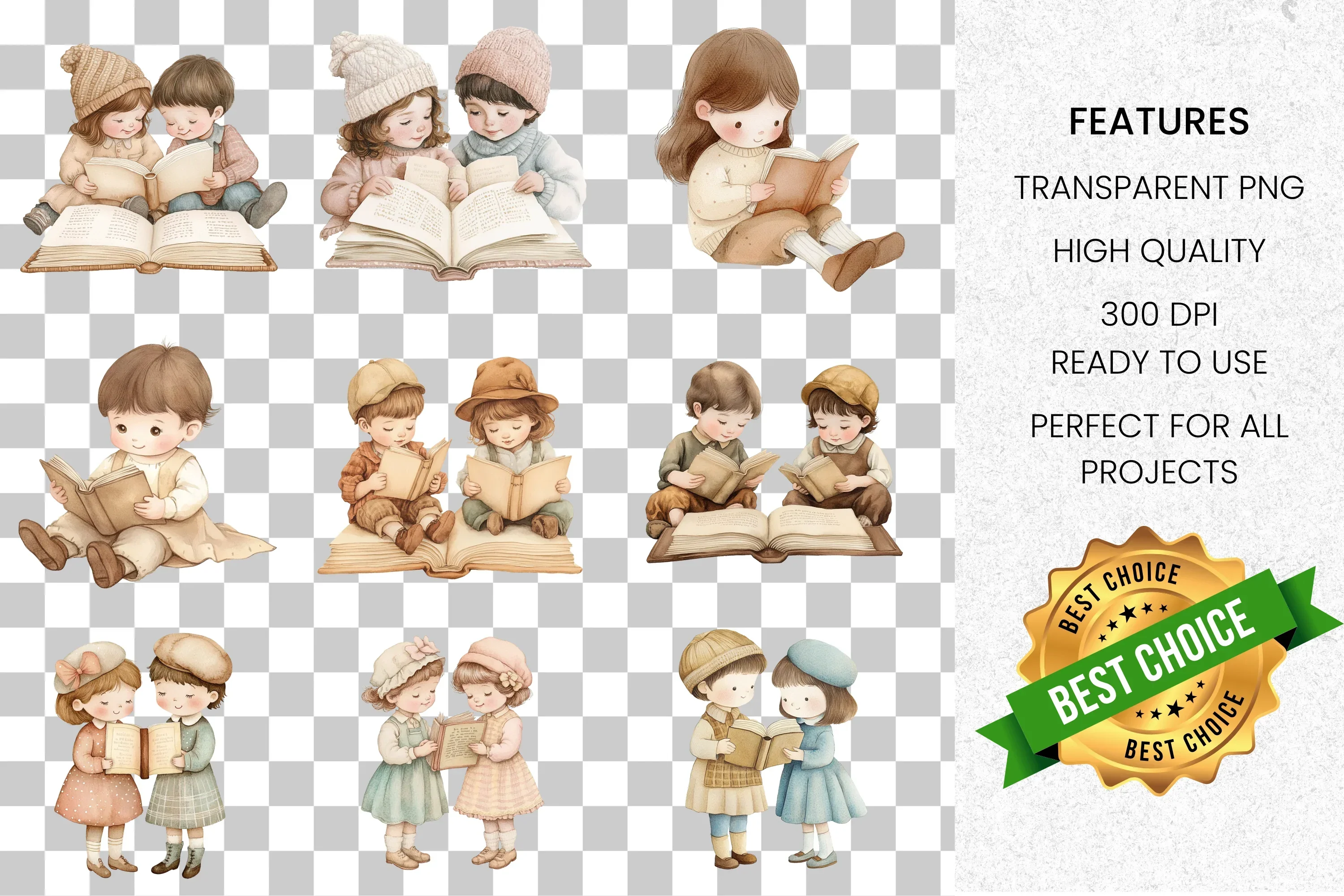 Cute Kids Reading Books Clipart Bundle - Image 8