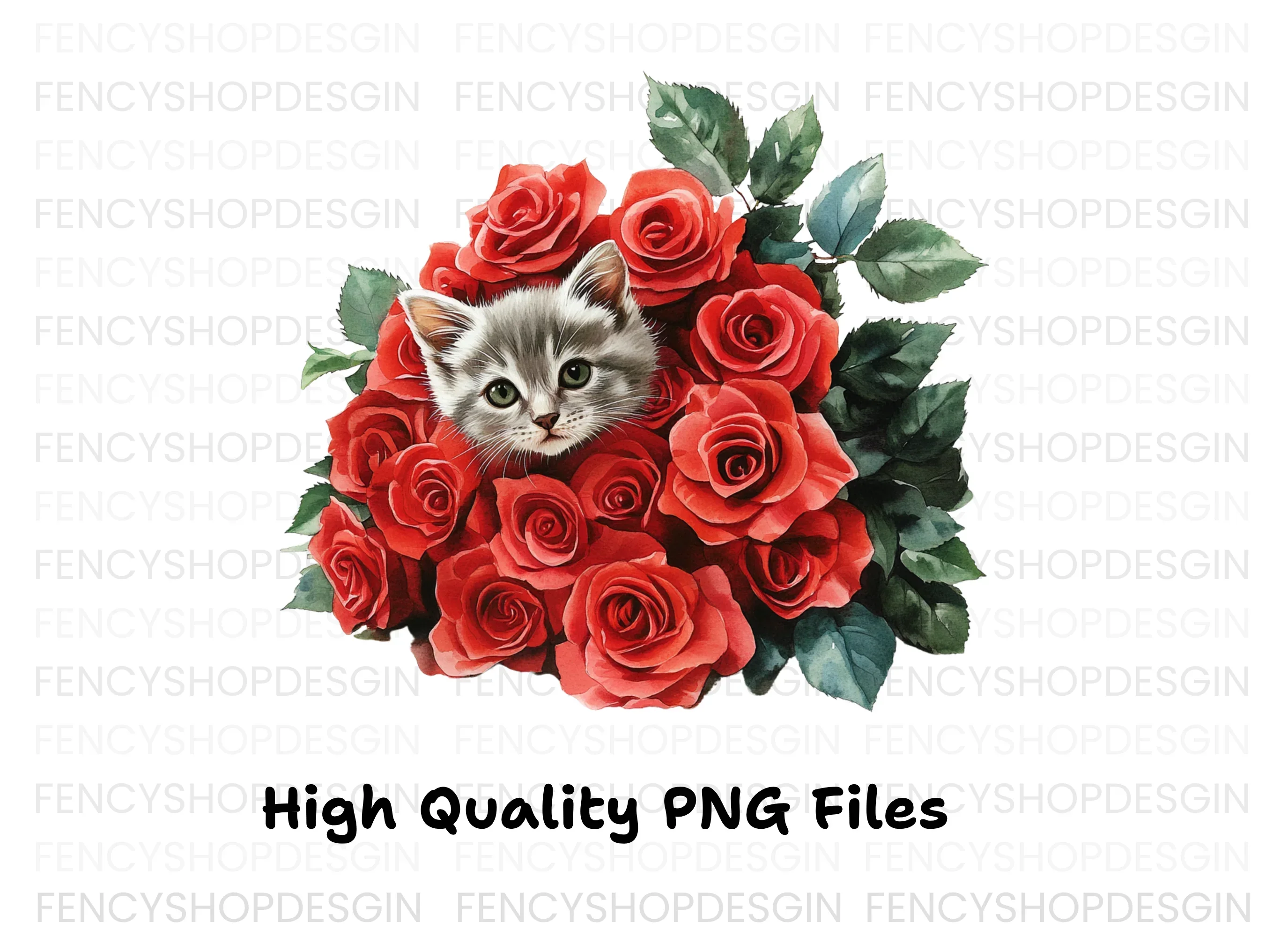 Cute Kitten and Red Roses Clipart Bundle - Image 3