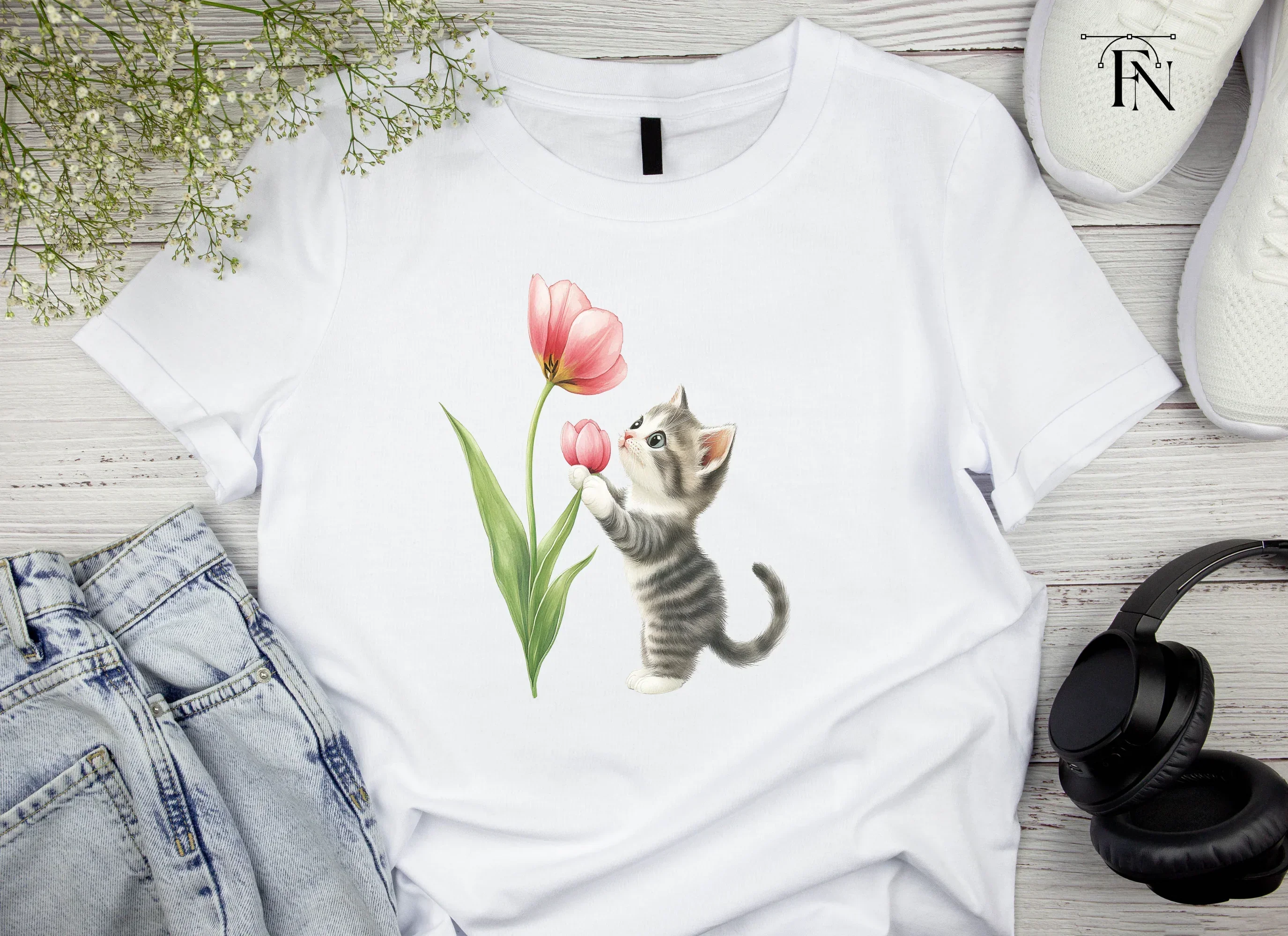 Cute Kitten with Pink Tulip Clipart Bundle - Image 4