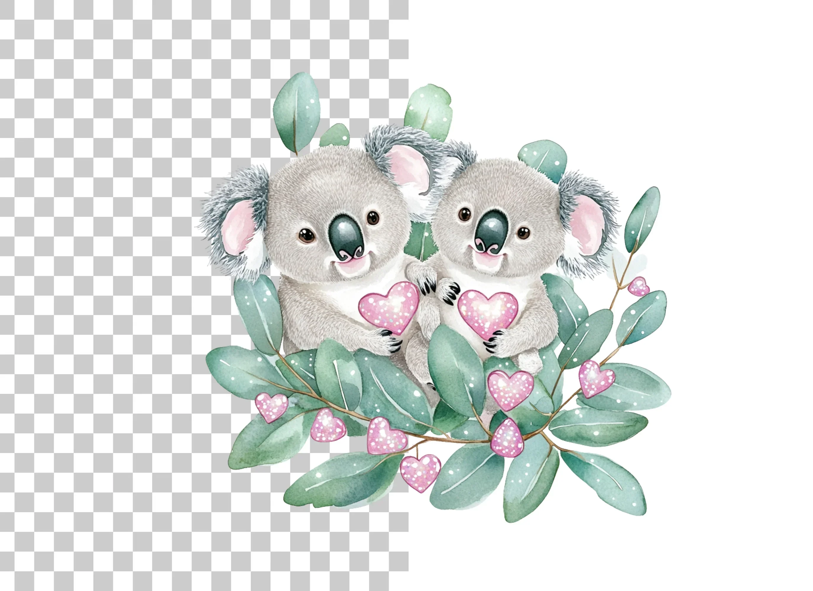 Cute Koala Couple with Pink Hearts Clipart Bundle - Image 6