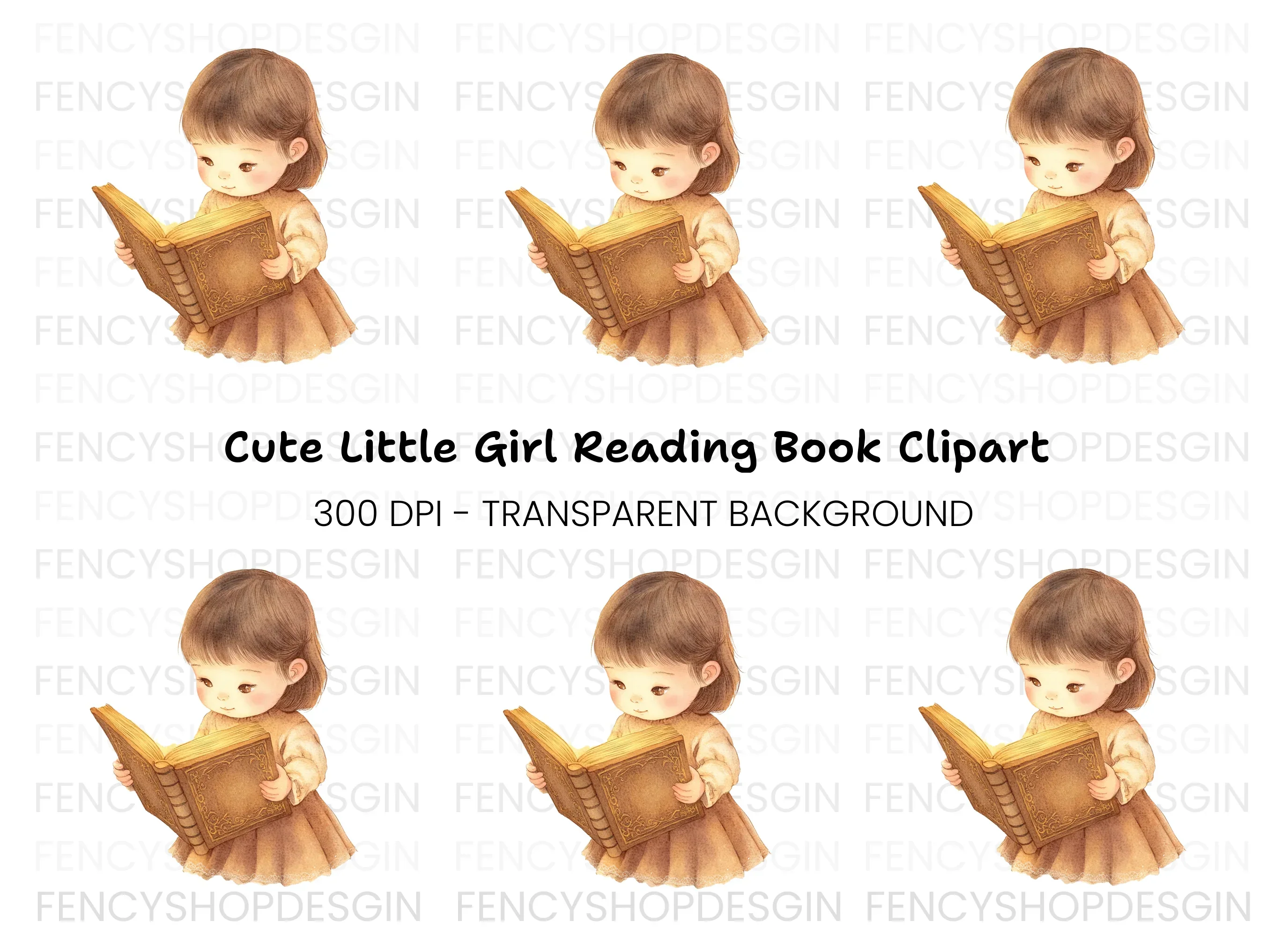 Cute Little Girl Reading Book Clipart Bundle