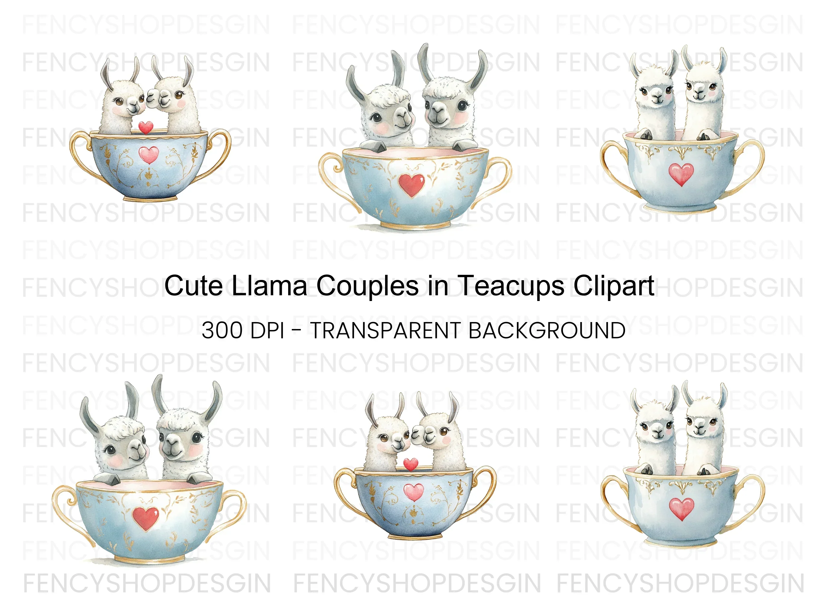 Cute Llama Couple in Teacups Clipart Bundle
