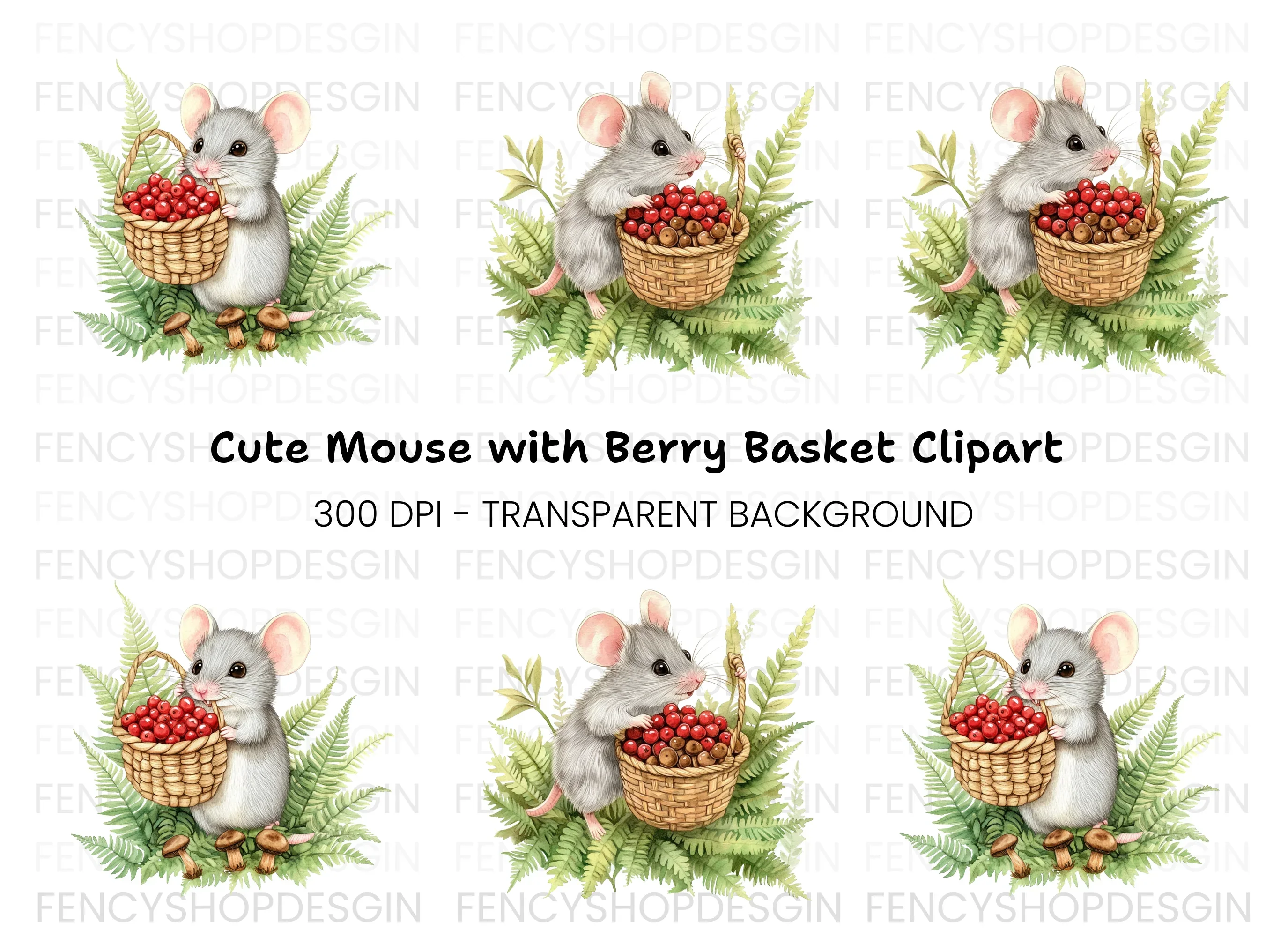 Cute Mice with Berries and Acorns Clipart Bundle