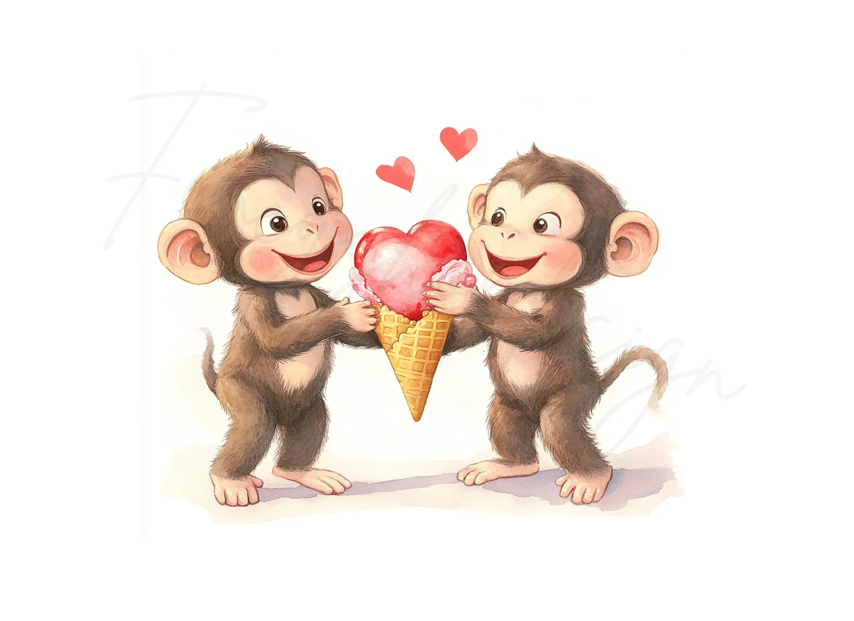 Cute Monkeys Sharing Heart Ice Cream Clipart Bundle - Image 3