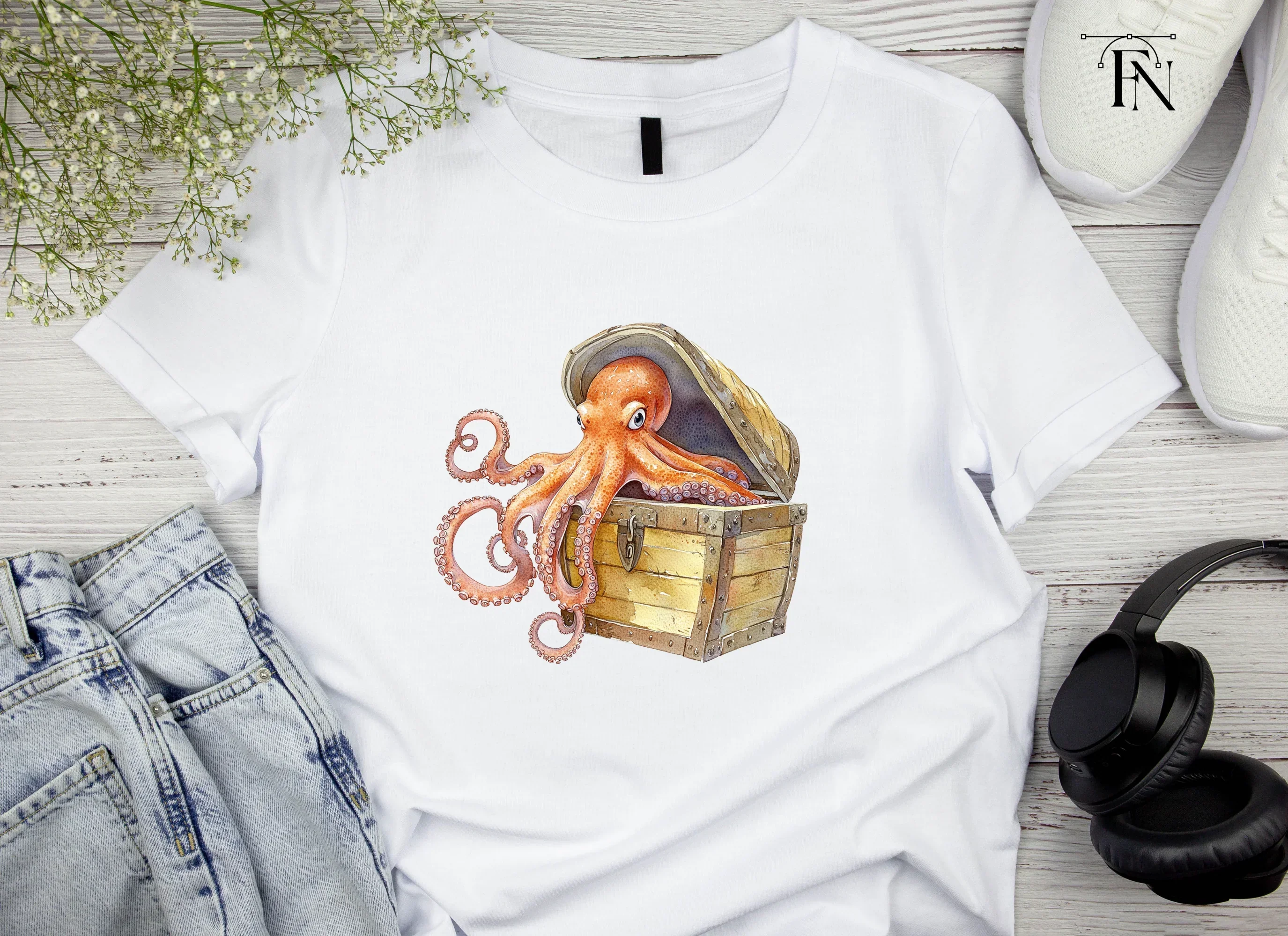 Cute Octopus in Treasure Chest Clipart Bundle - Image 4