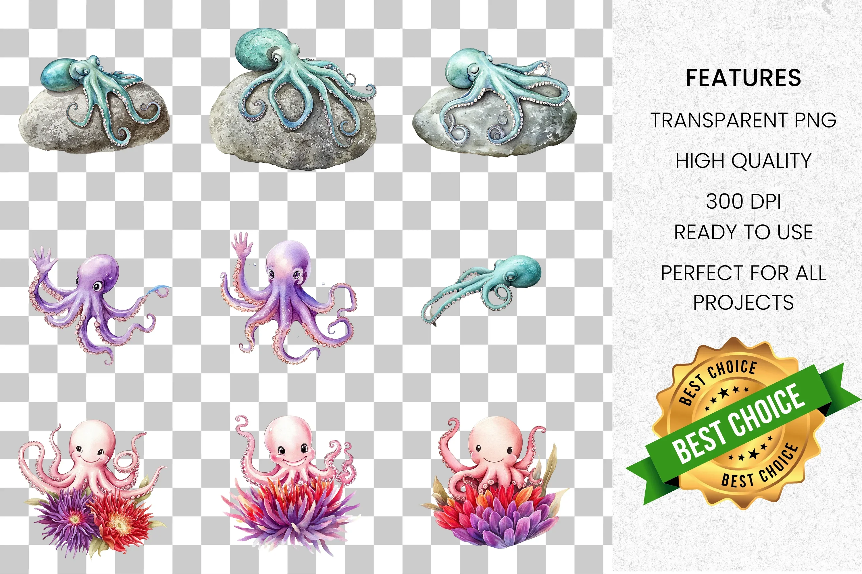 Cute Octopus Ocean Animal Clipart Bundle - Image 2