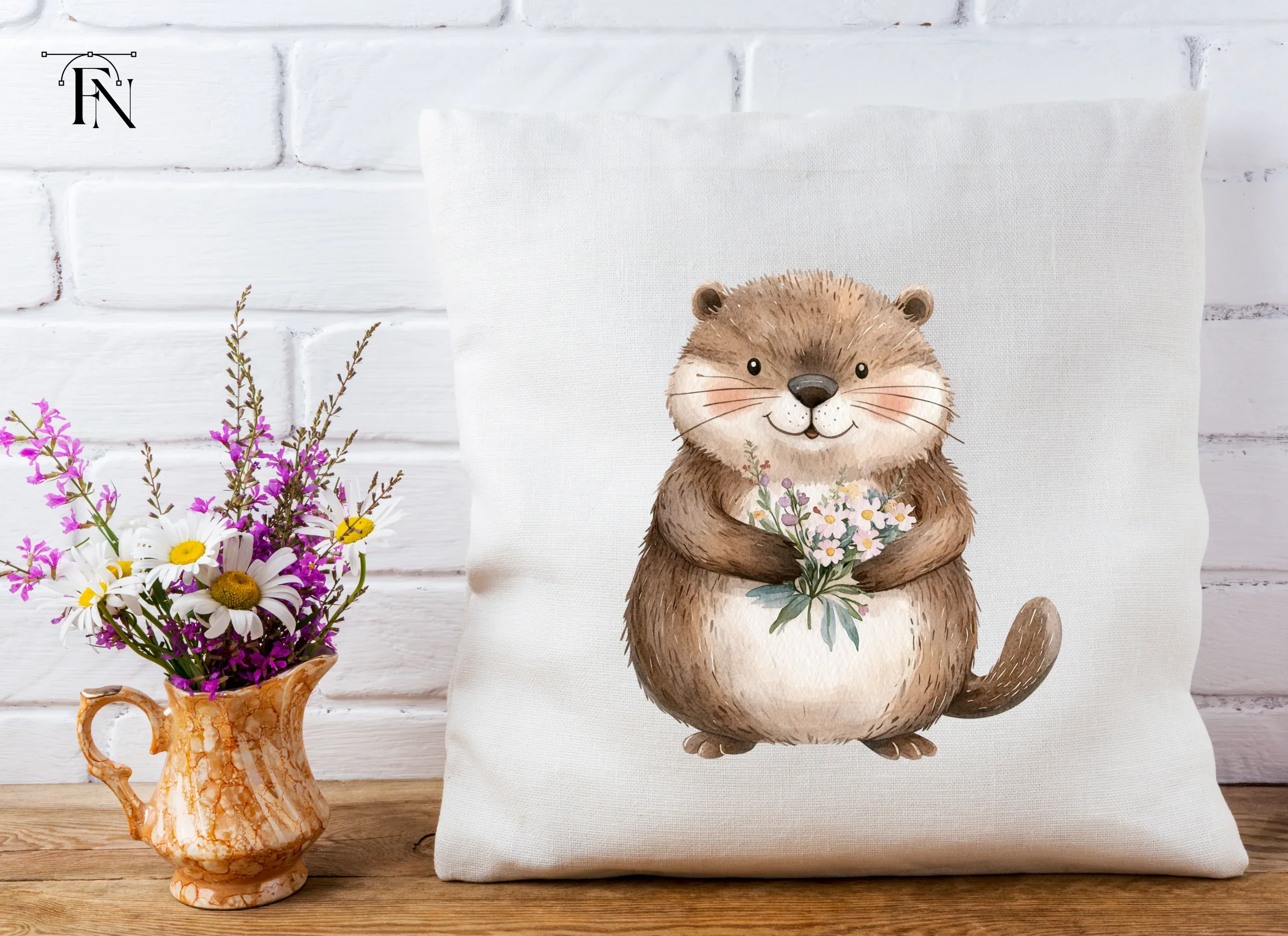 Cute Otters Holding Flower Bouquets Clipart Bundle - Image 4