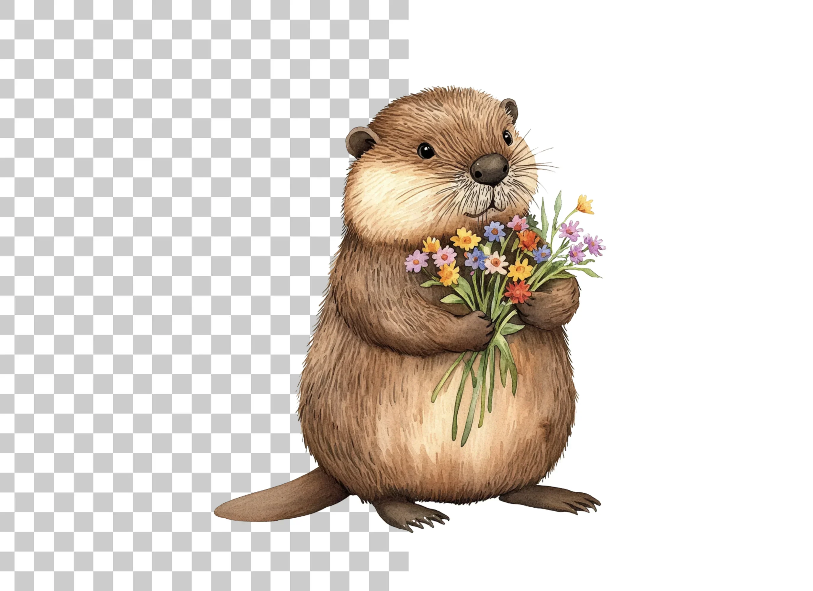 Cute Otters Holding Flower Bouquets Clipart Bundle - Image 6