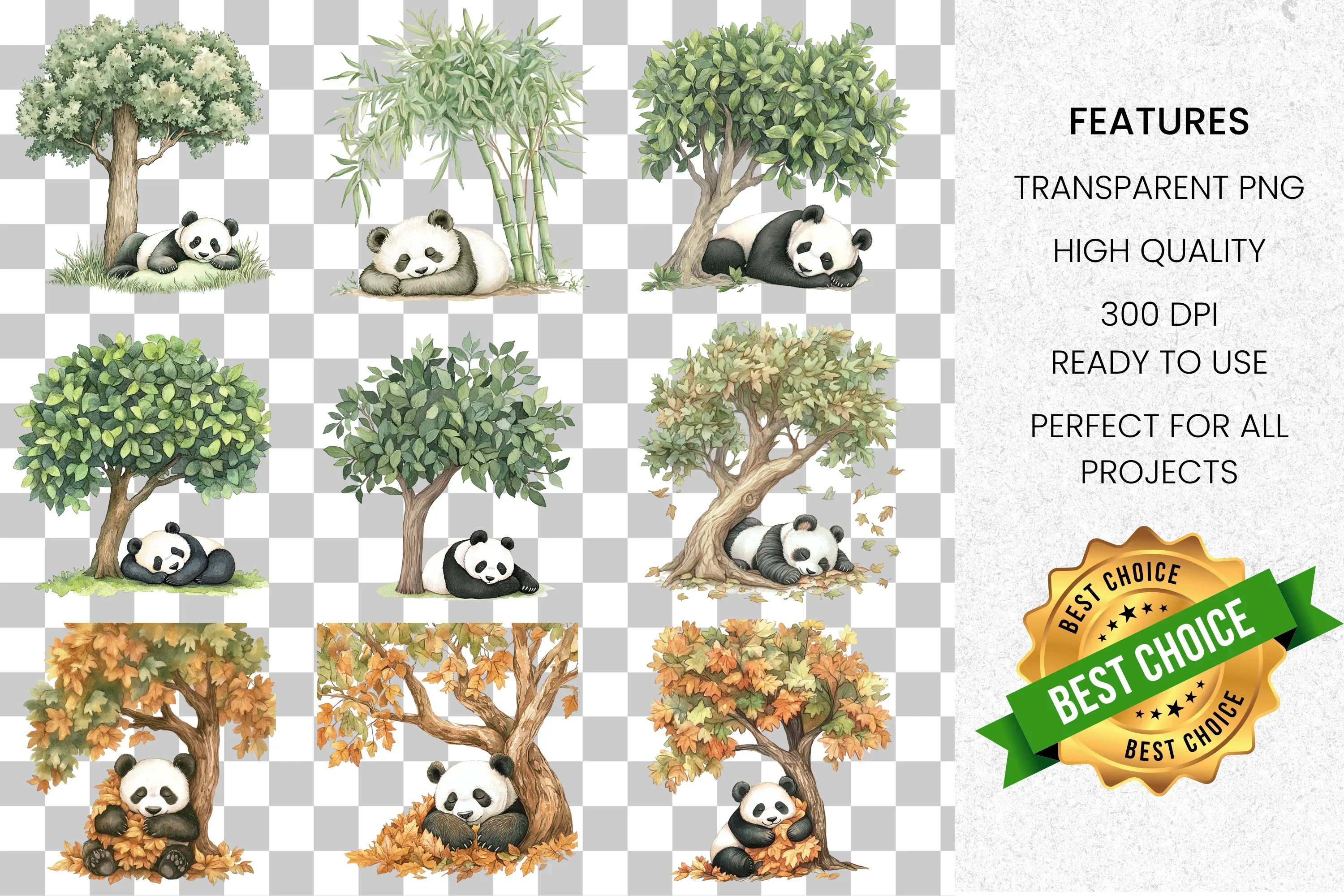 Cute Pandas Under Autumn Trees Clipart Bundle - Image 2