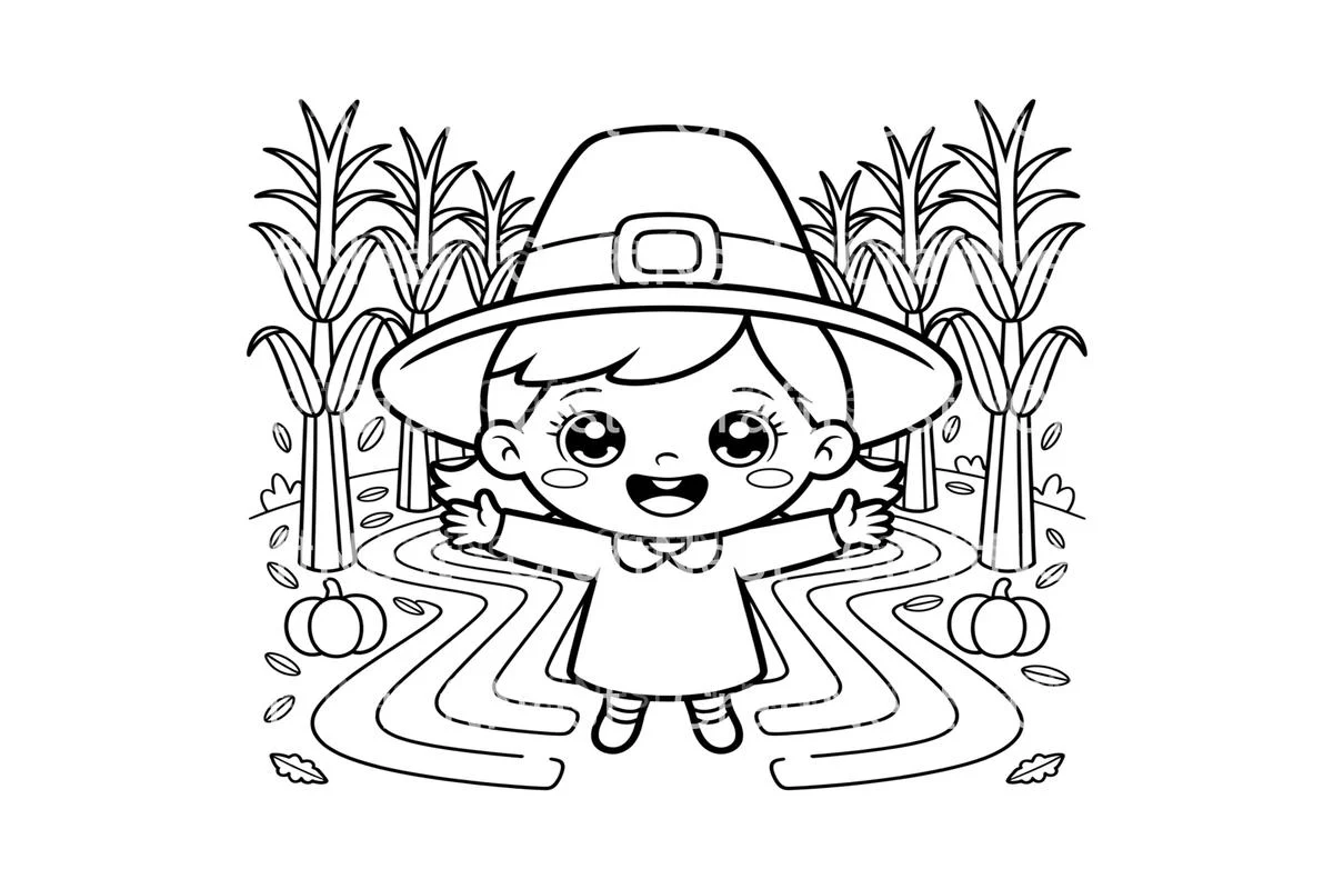 Cute Pilgrim Girl in Corn Maze Coloring Books - Image 3