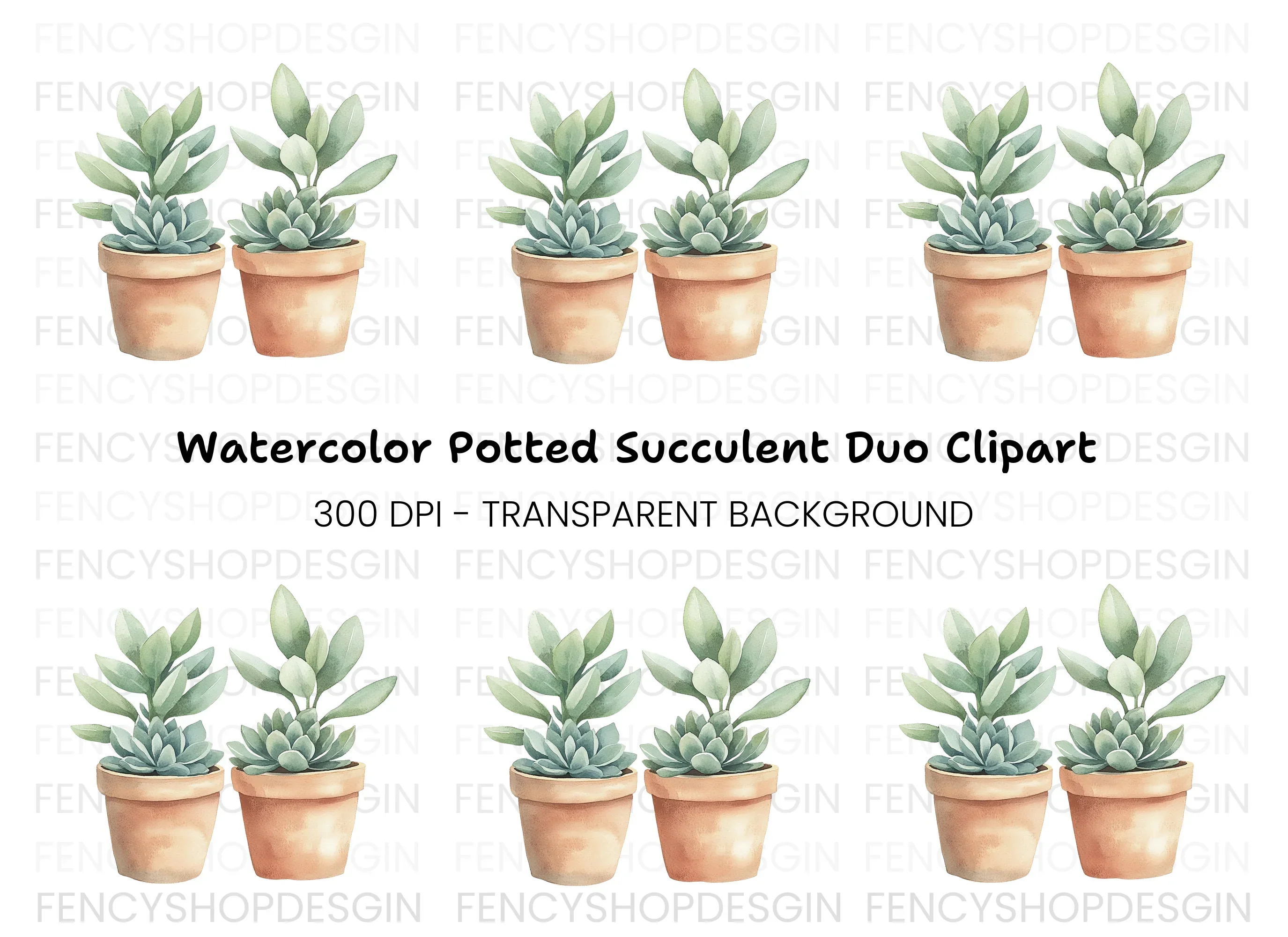 Cute Potted Succulent Duo Clipart Bundle