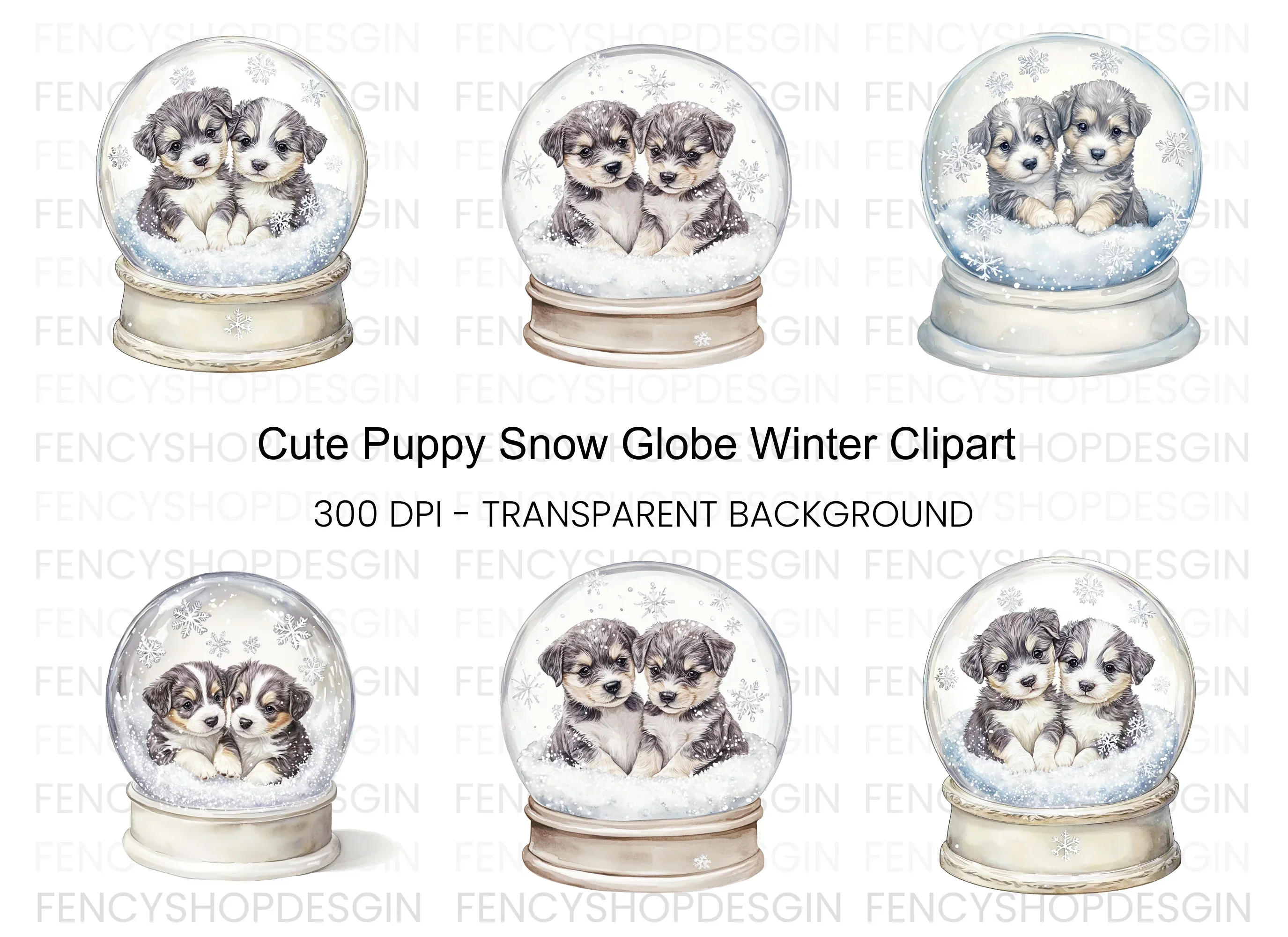 Cute Puppies in Snow Globe Clipart Bundle