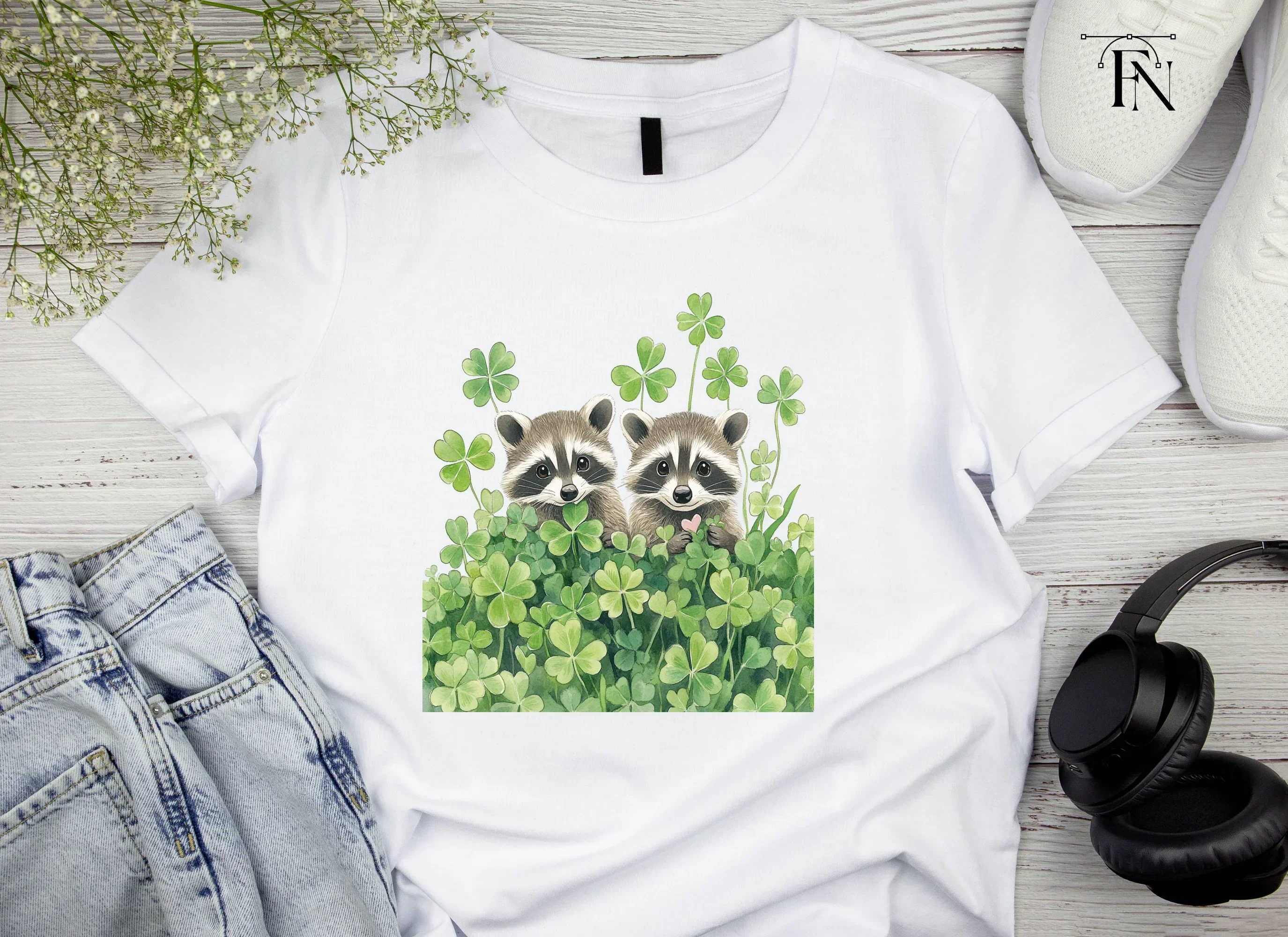 Cute Raccoons in Lucky Clover Clipart Bundle - Image 4