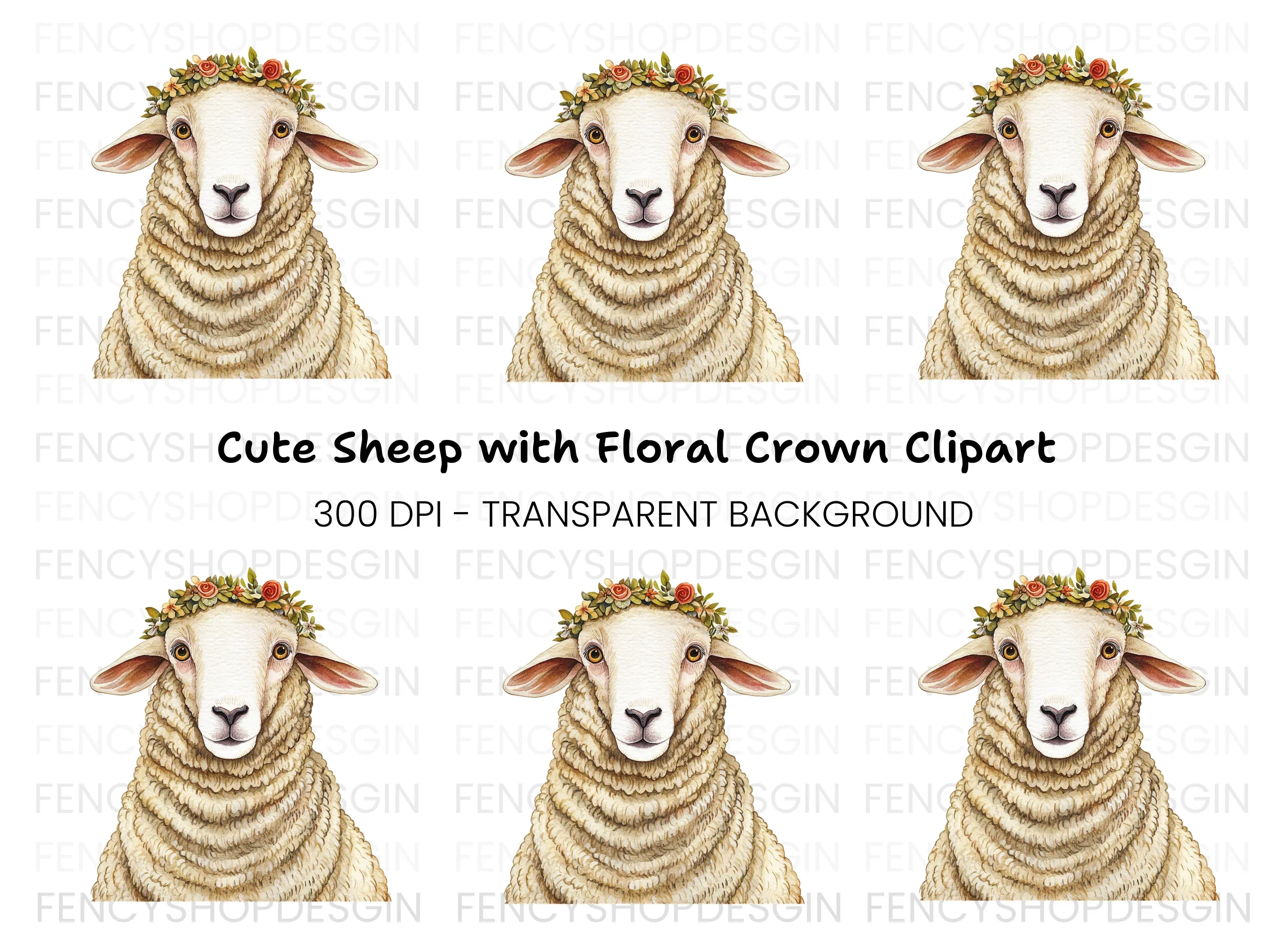 Cute Sheep with Flower Crown Clipart Bundle
