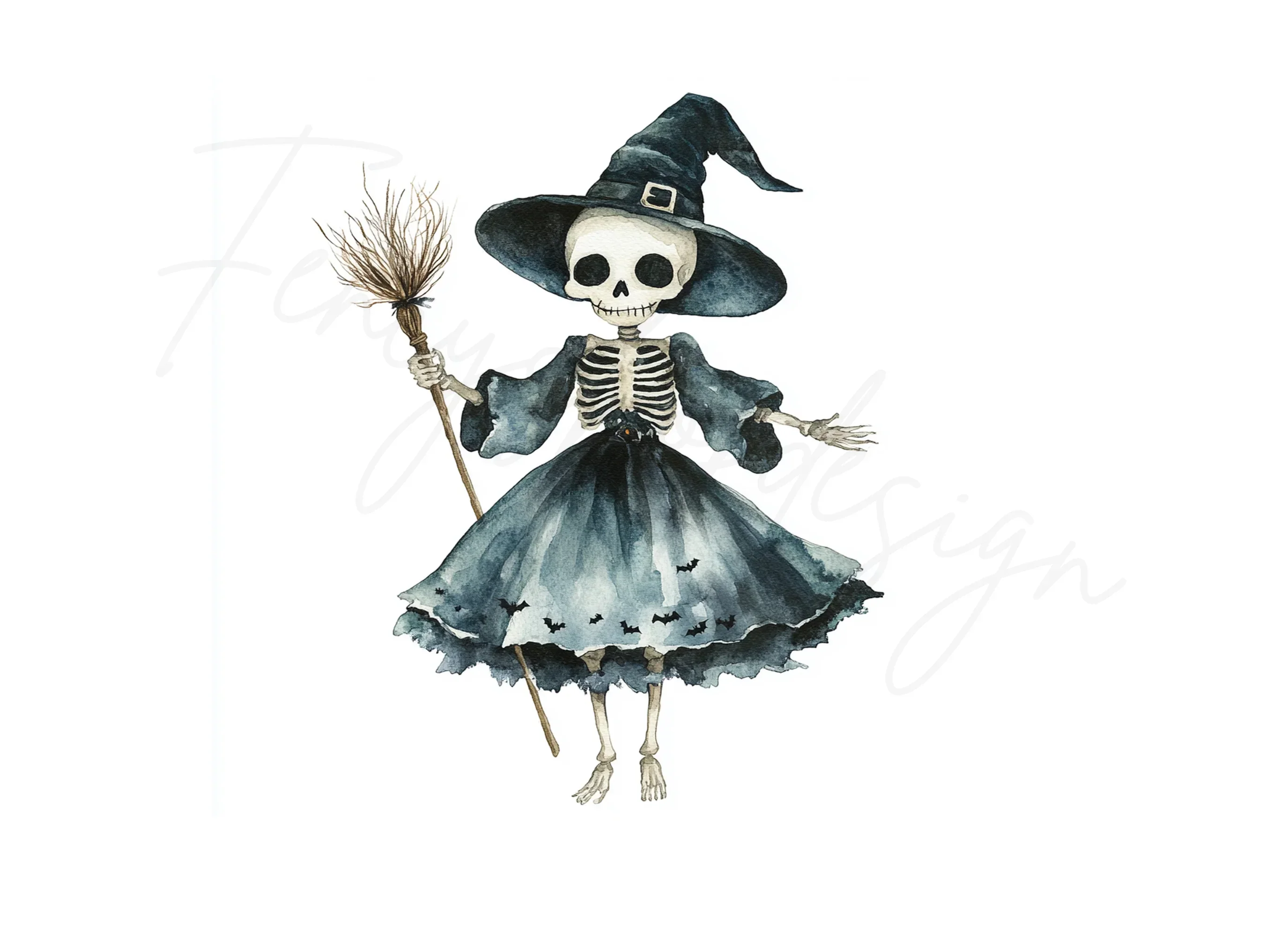 Cute Skeleton Witch with Broom Clipart Bundle - Image 3