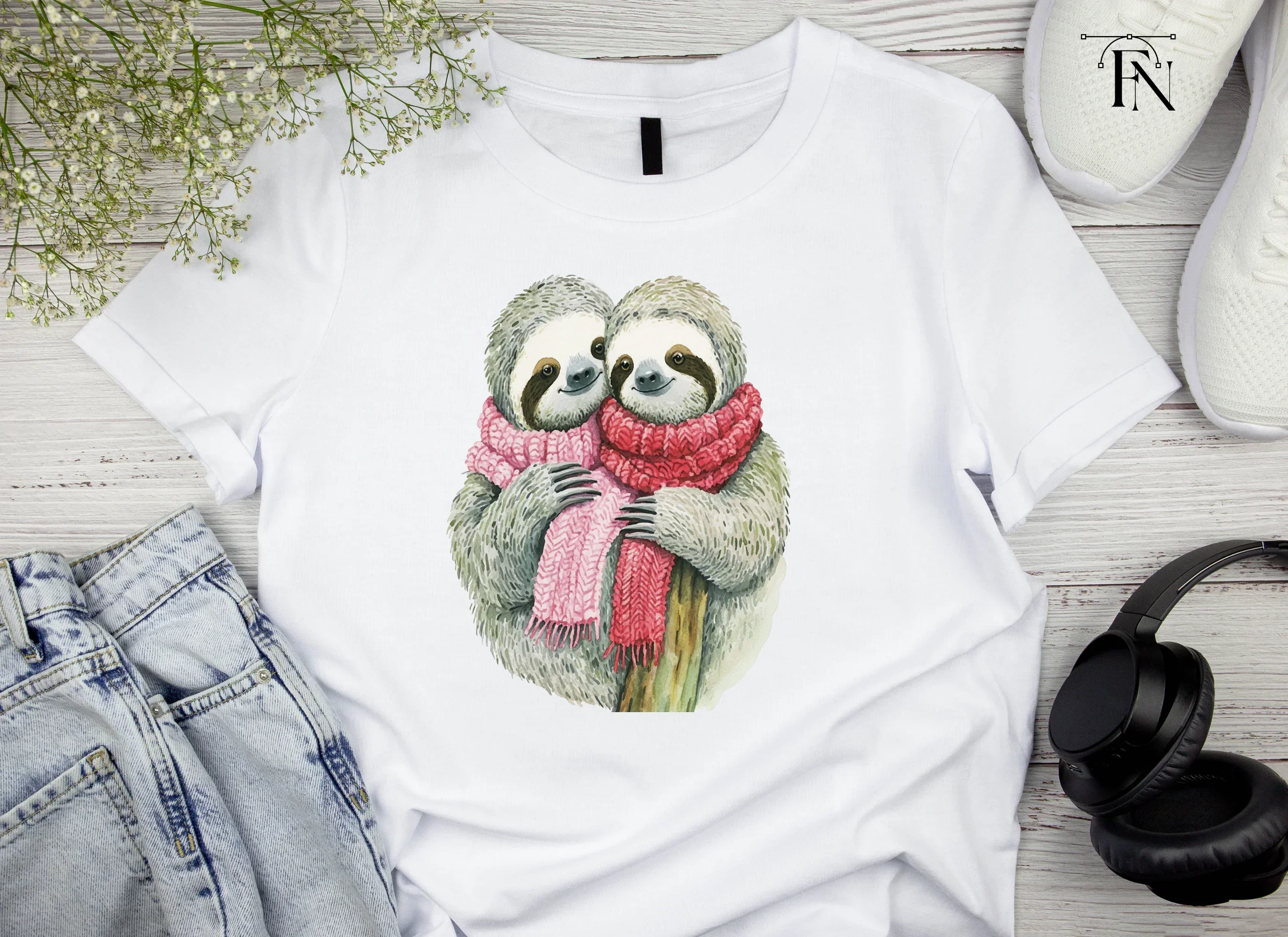 Cute Sloth Couple in Winter Scarves Clipart Bundle - Image 4