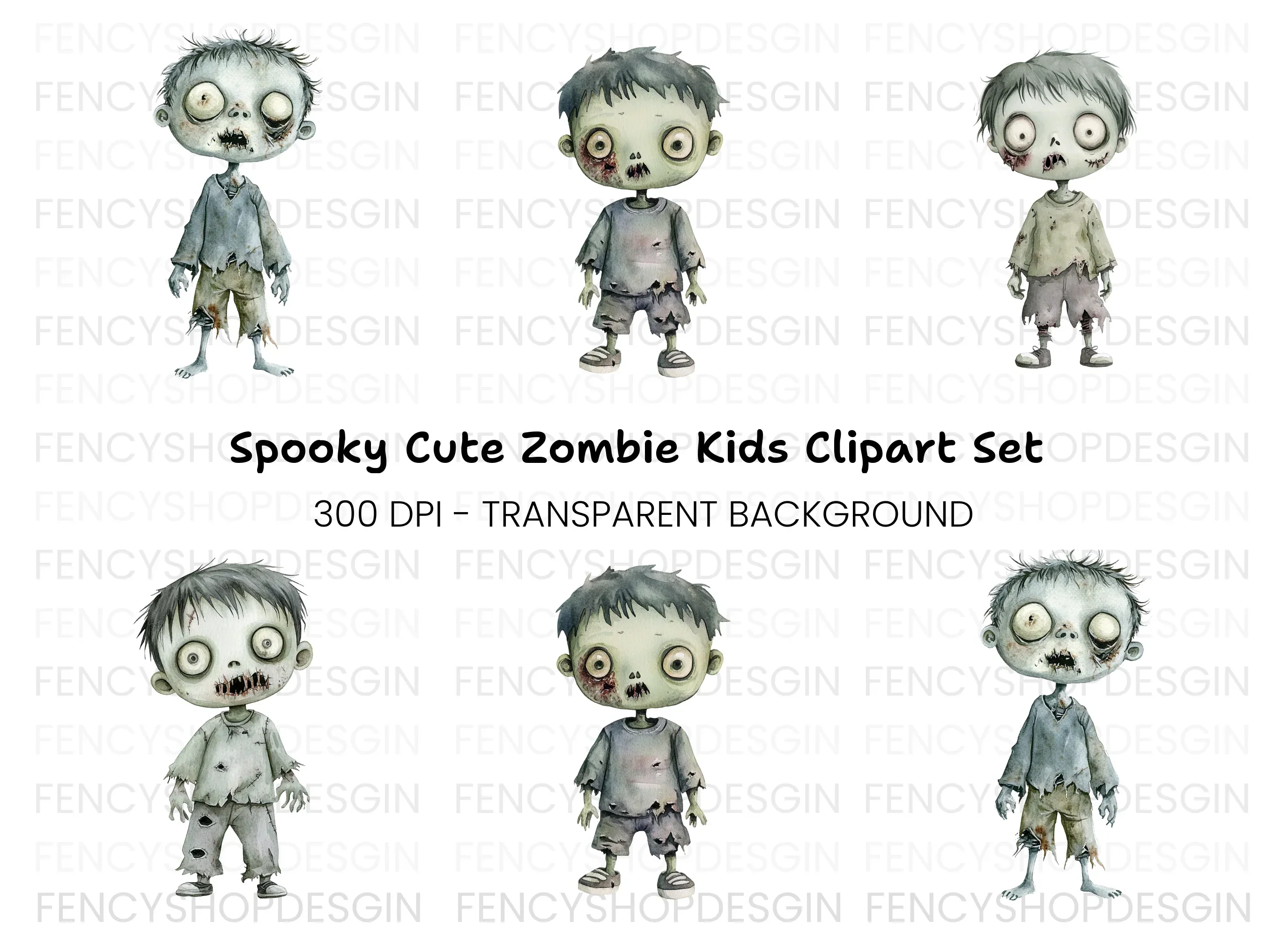 Cute Zombie Kids Halloween Clipart Bundle
