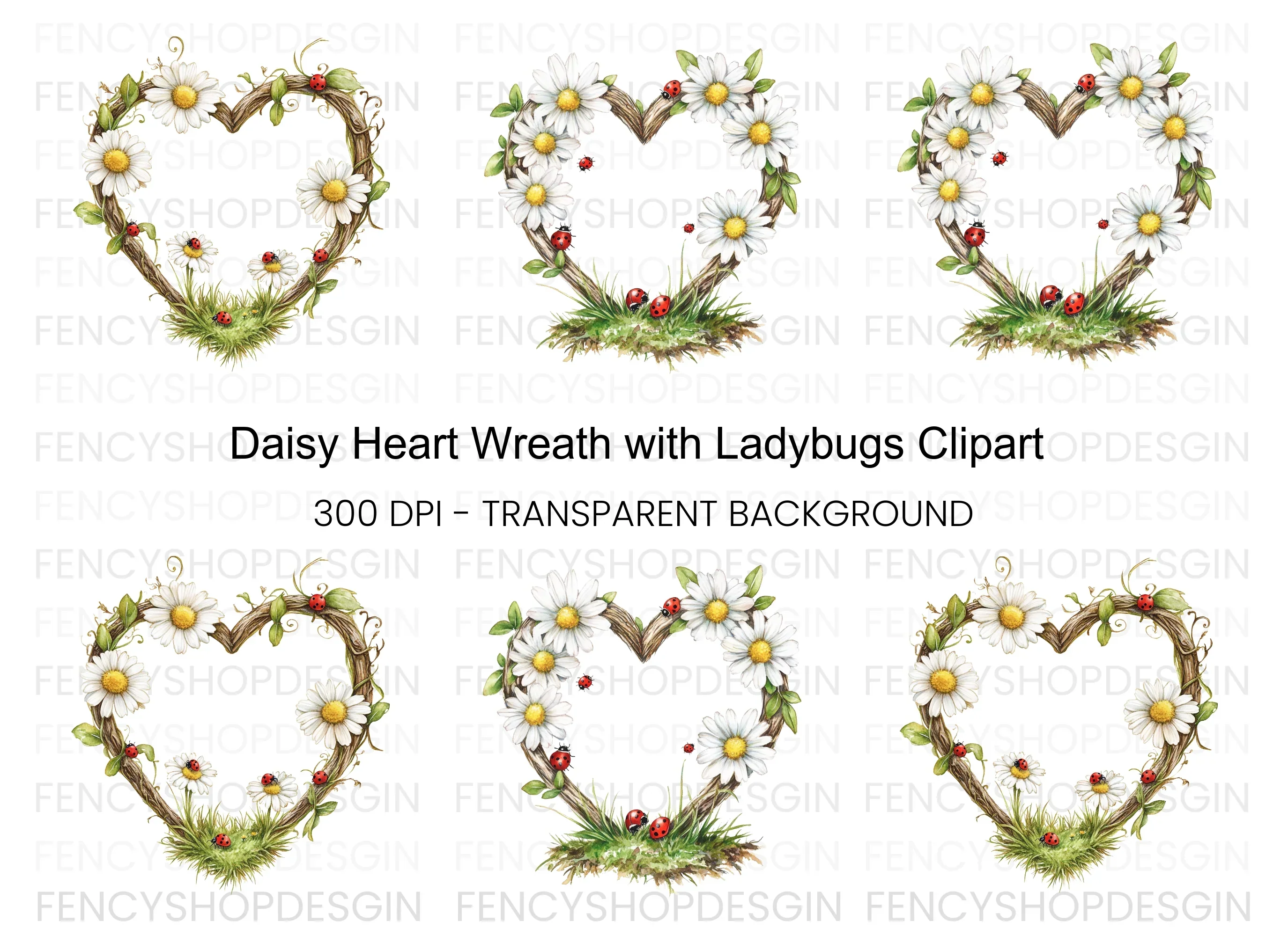 Daisy and Ladybug Heart Frames Clipart Bundle