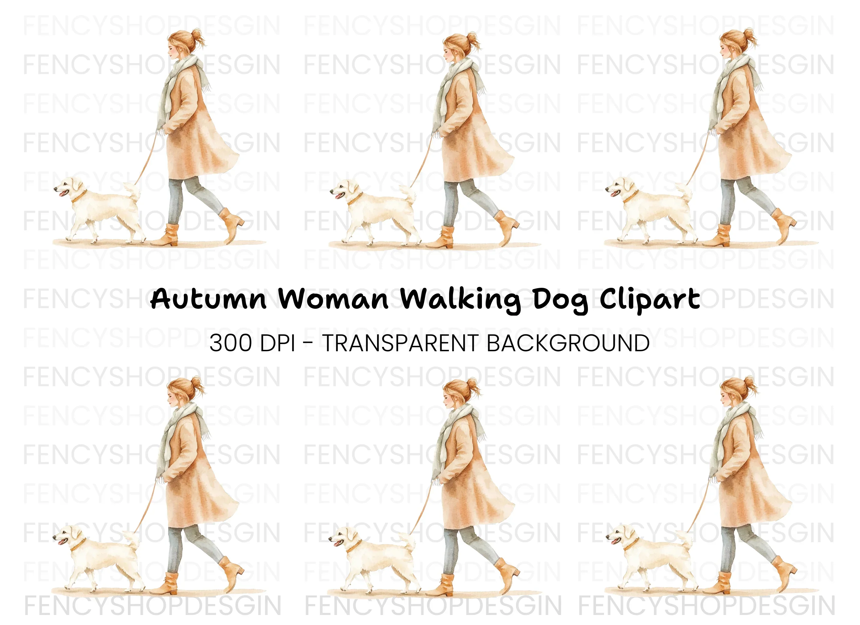 Dog Walking Woman Clipart Bundle