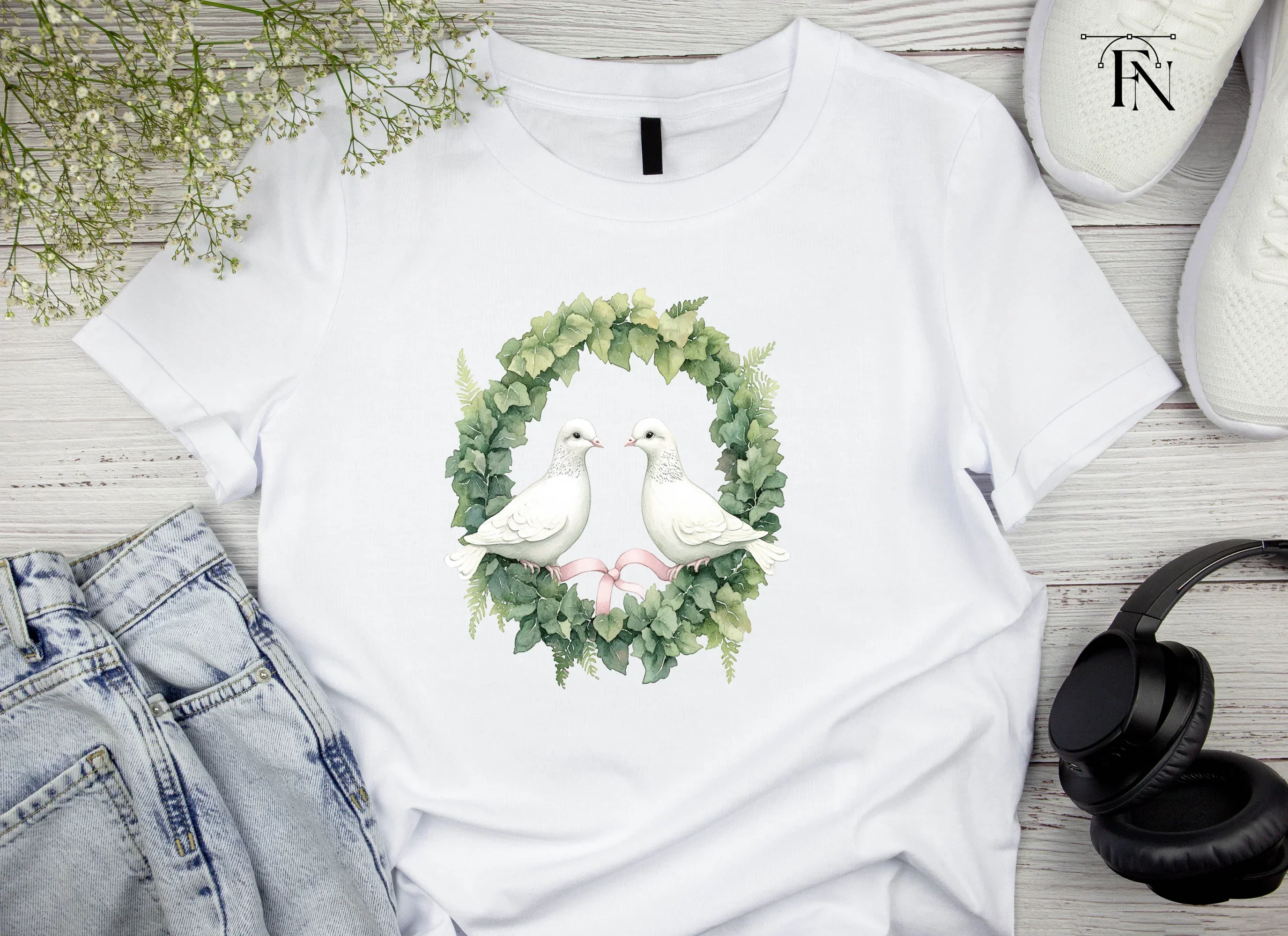 Doves in Greenery Wreath Clipart Bundle - Image 5