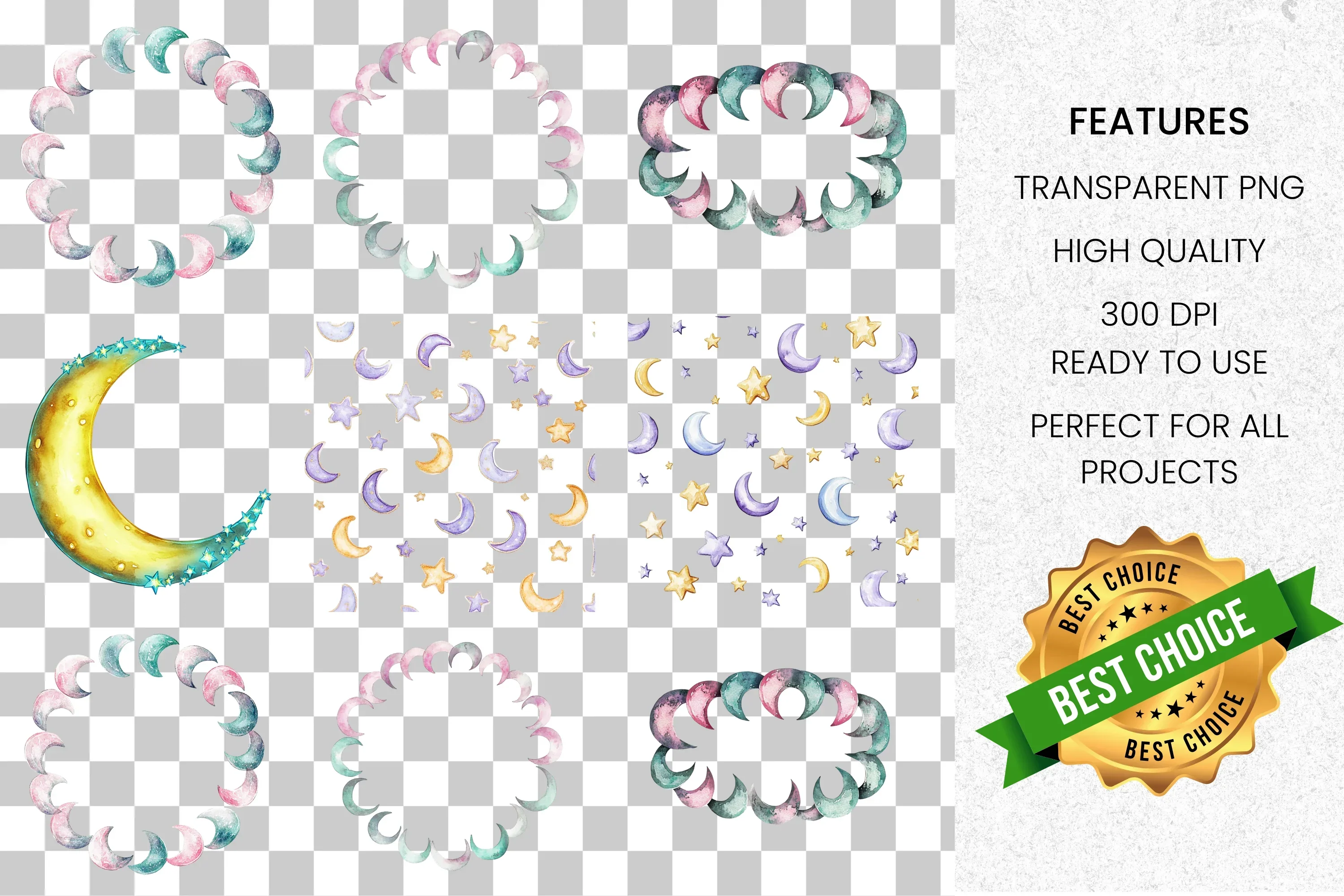 Dreamy Moon Star Patterns Frames Clipart Bundle - Image 2