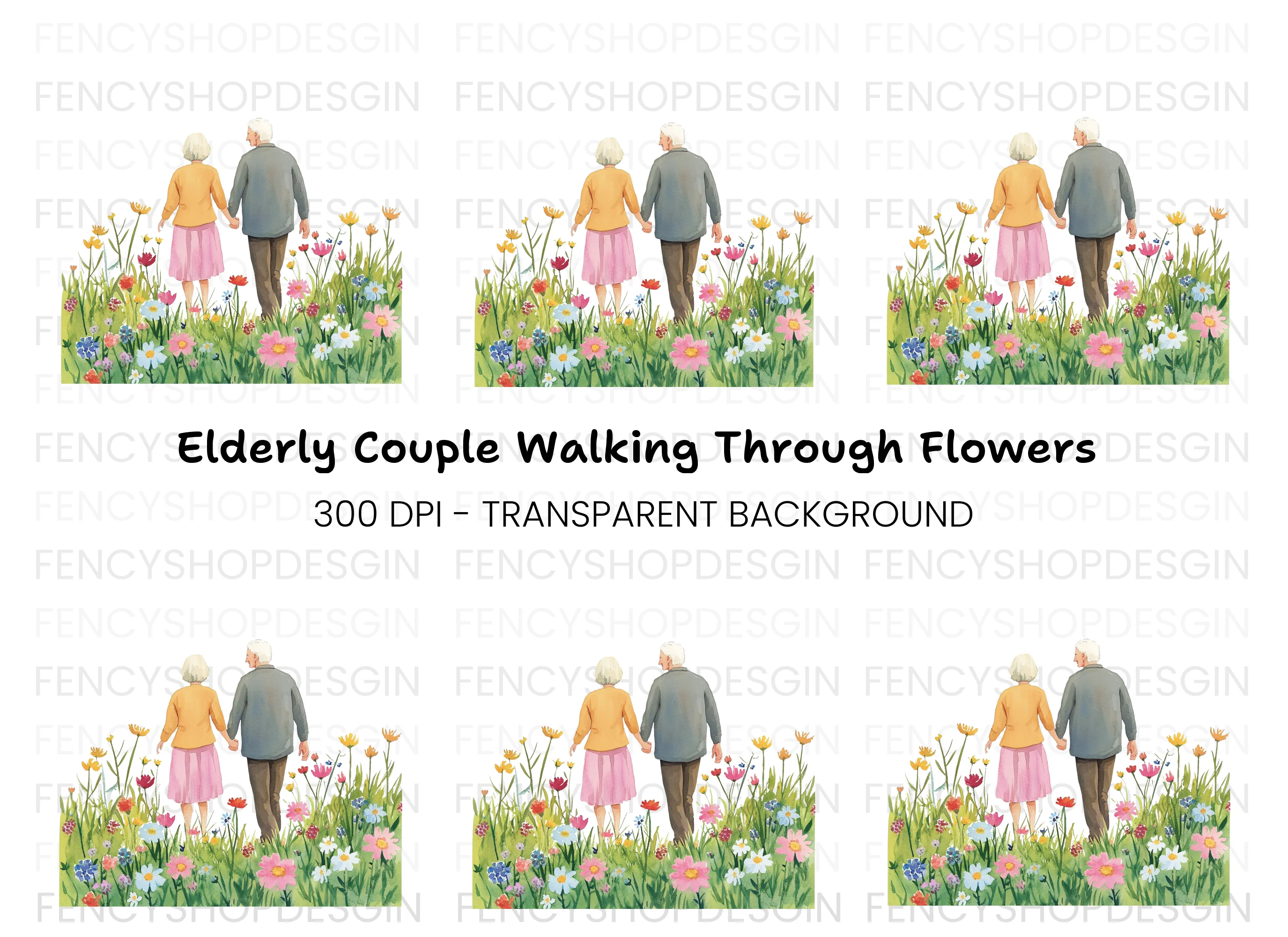 Elderly Couple Walking in Flower Field Clipart Bundle