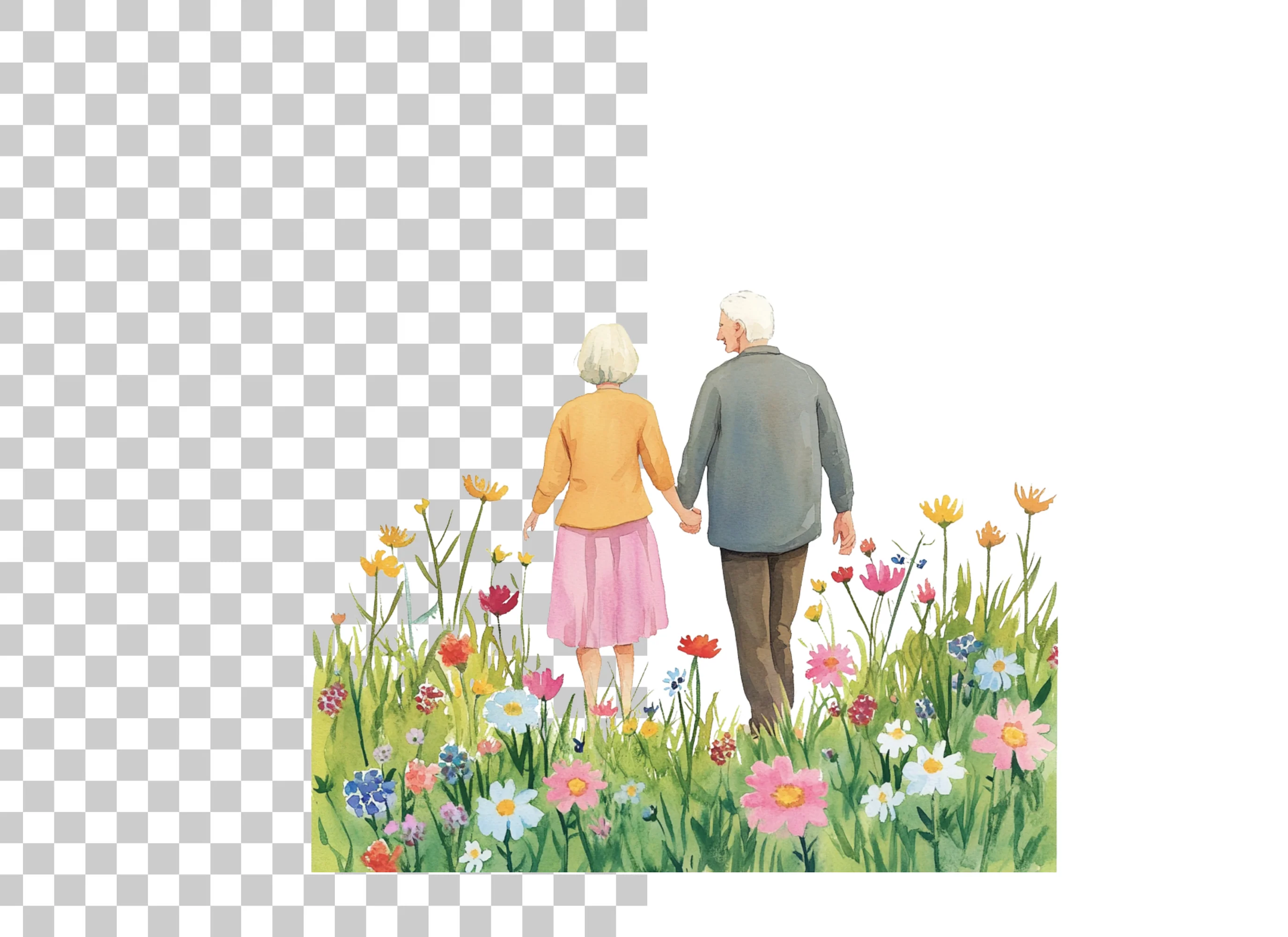 Elderly Couple Walking in Flower Field Clipart Bundle - Image 2