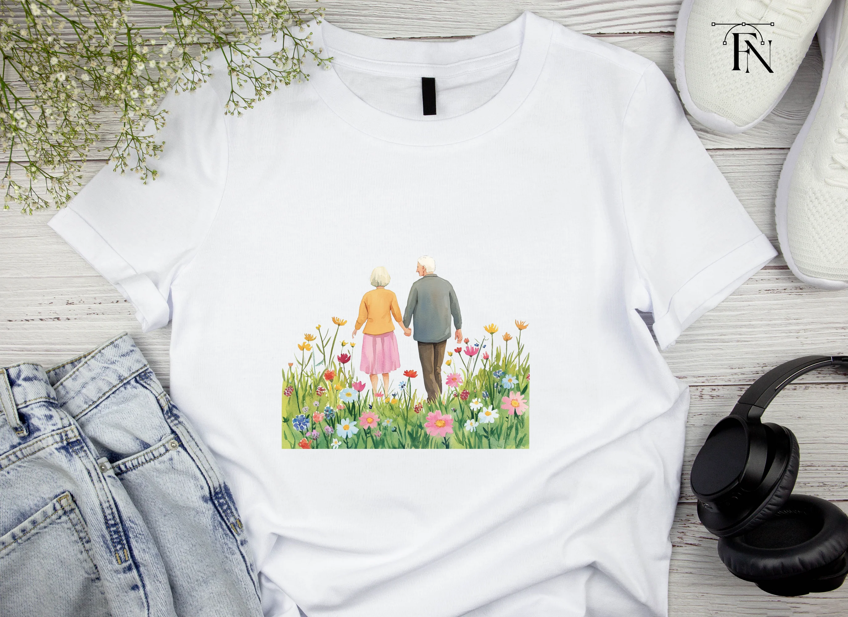 Elderly Couple Walking in Flower Field Clipart Bundle - Image 4