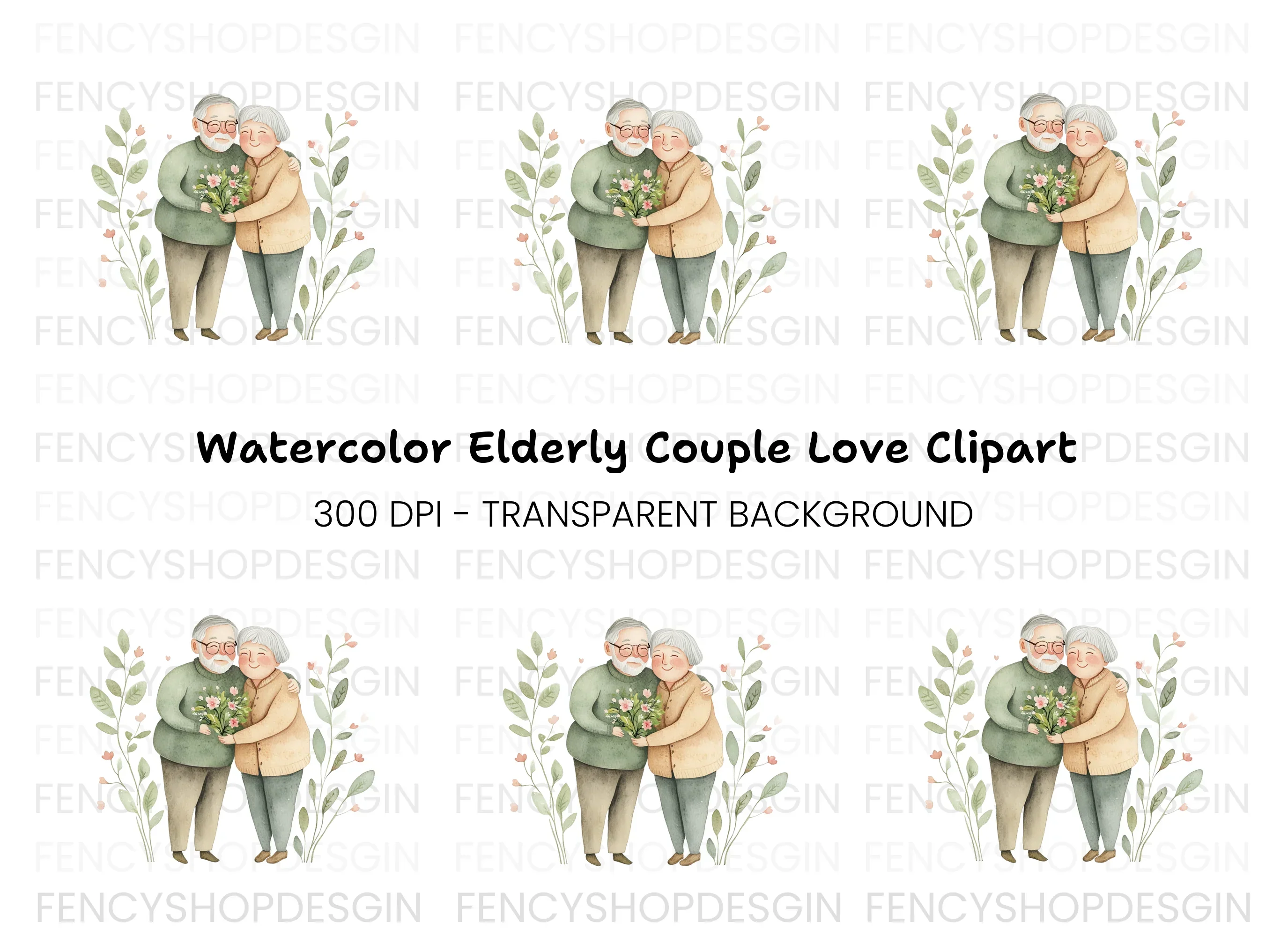 Elderly Couple with Flowers Clipart Bundle