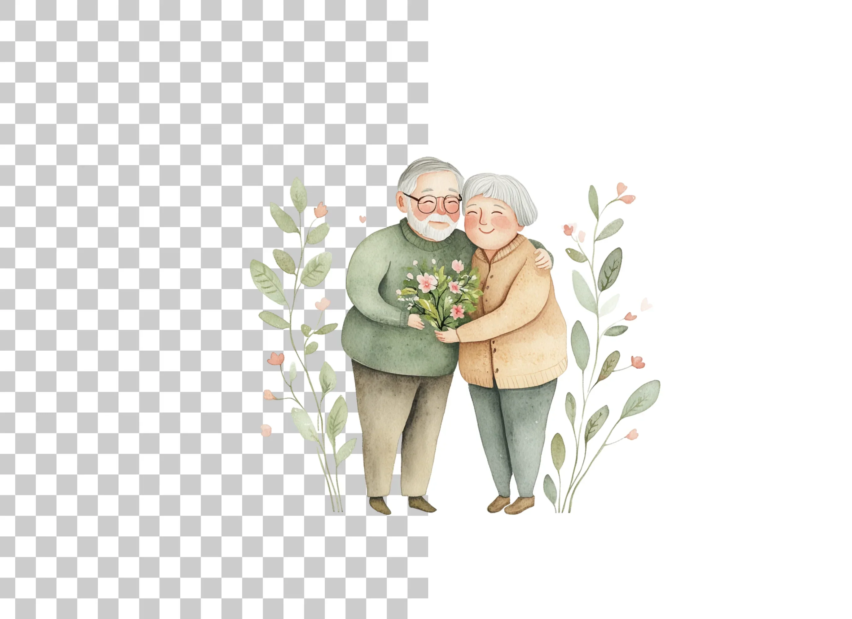 Elderly Couple with Flowers Clipart Bundle - Image 2