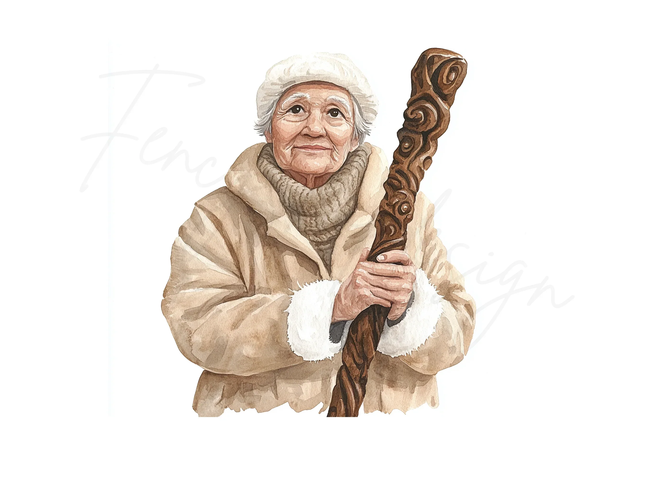 Elderly Woman with Carved Staff Clipart Bundle - Image 3