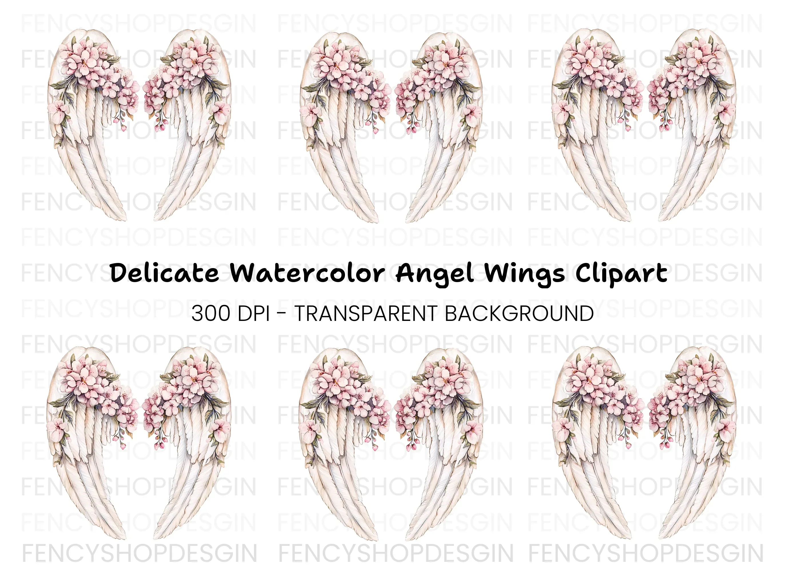 Elegant Angel Wings with Cherry Blossoms Clipart Bundle