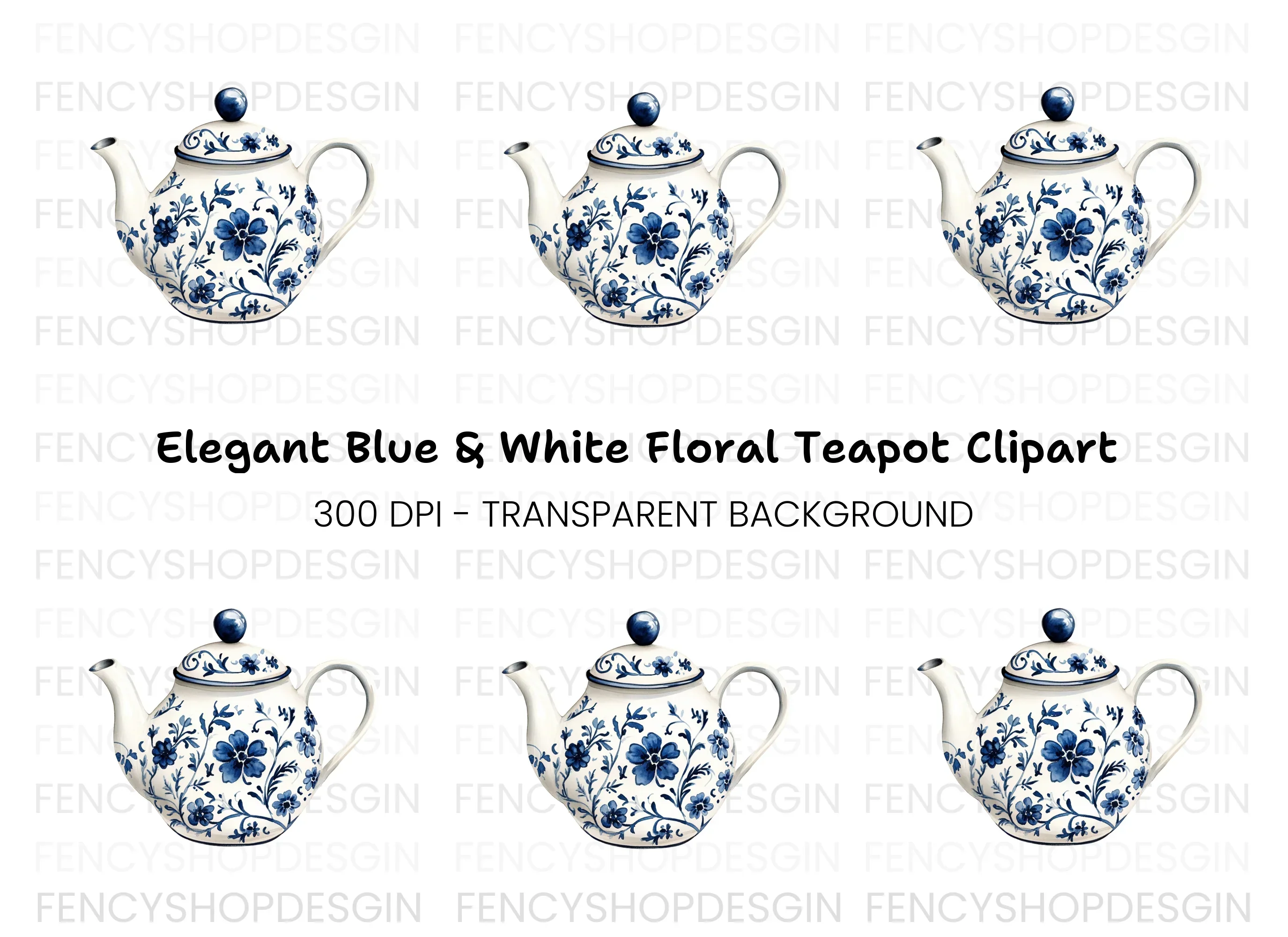 Elegant Blue and White Teapot Clipart Bundle