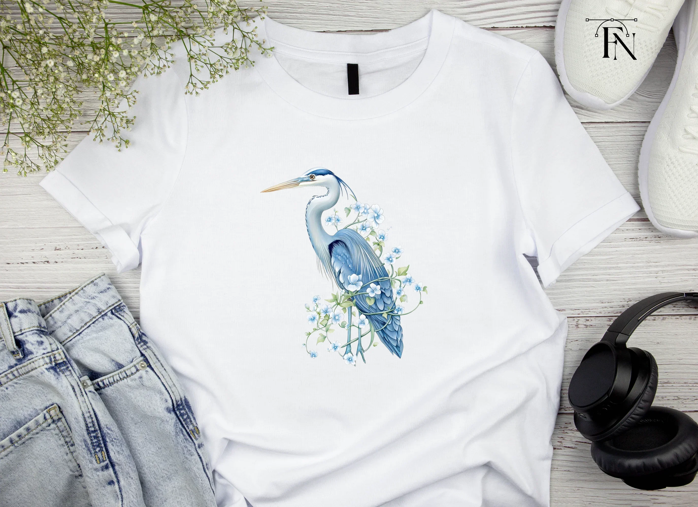 Elegant Blue Heron with White Flowers Clipart Bundle - Image 5