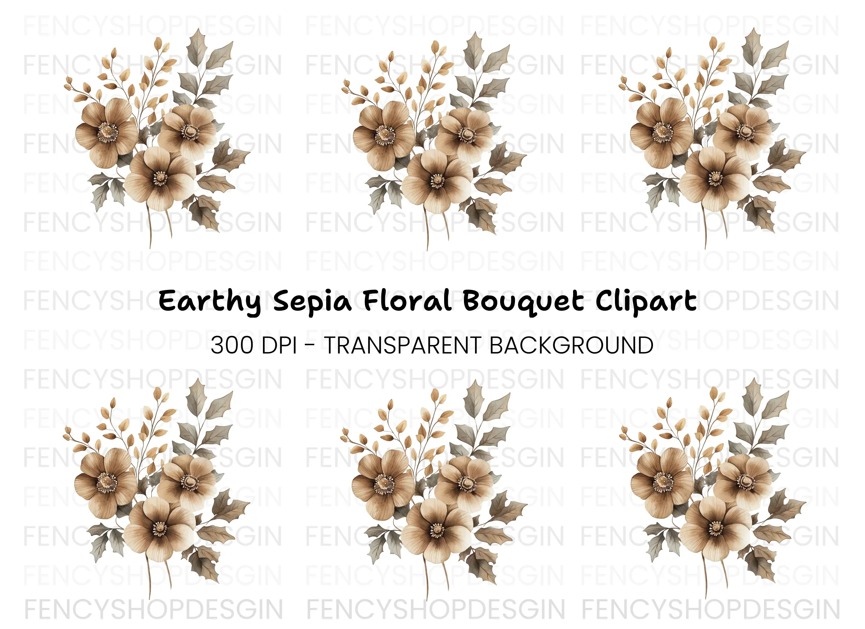 Elegant Brown Floral Arrangement Clipart Bundle