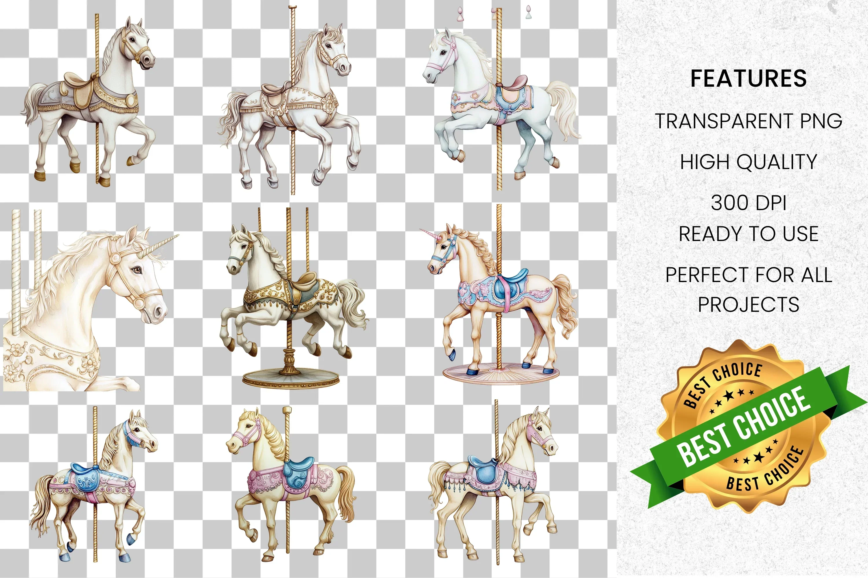 Elegant Carousel Horse and Unicorn Clipart Bundle - Image 2