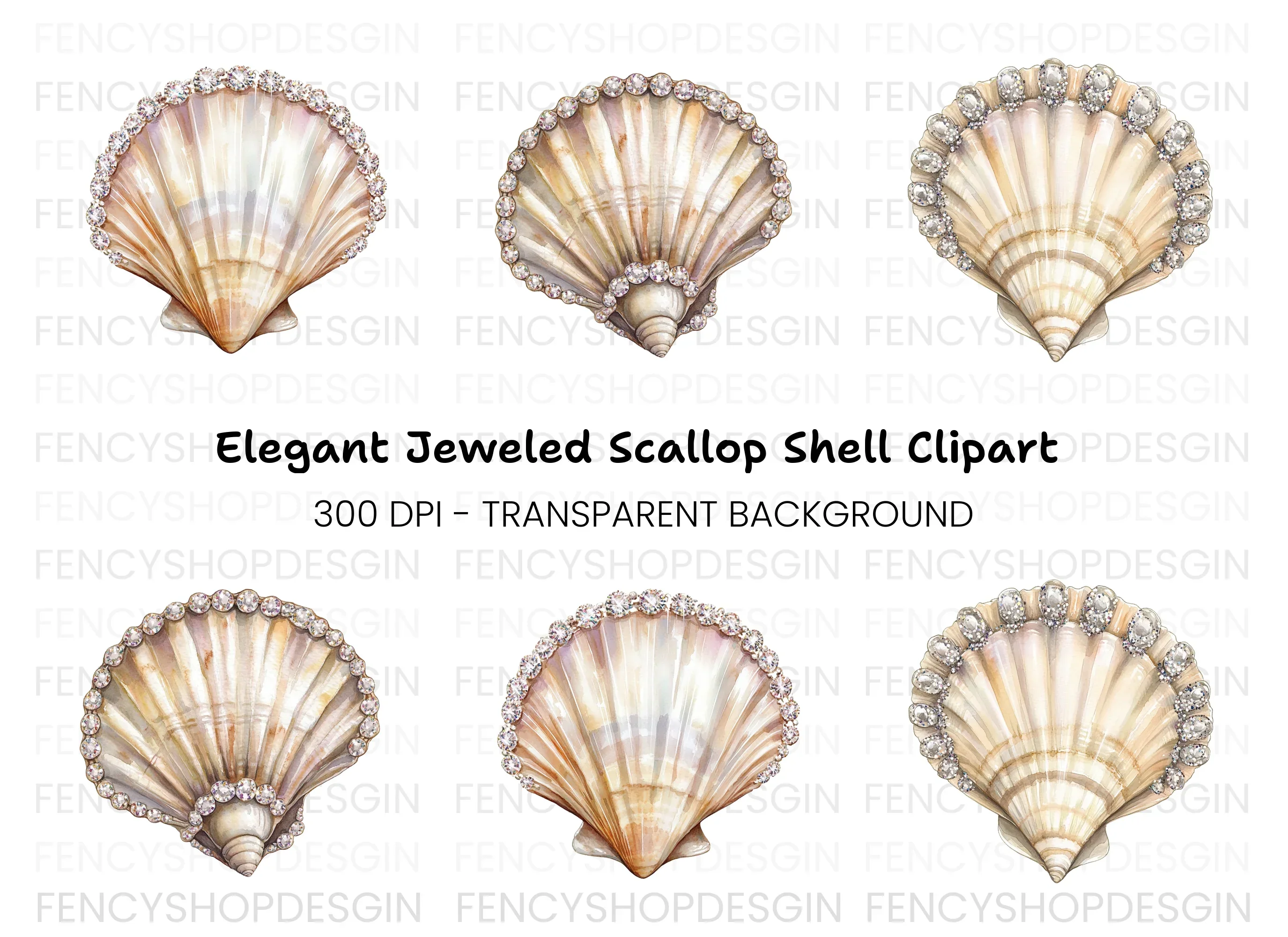 Elegant Diamond Seashell Clipart Bundle